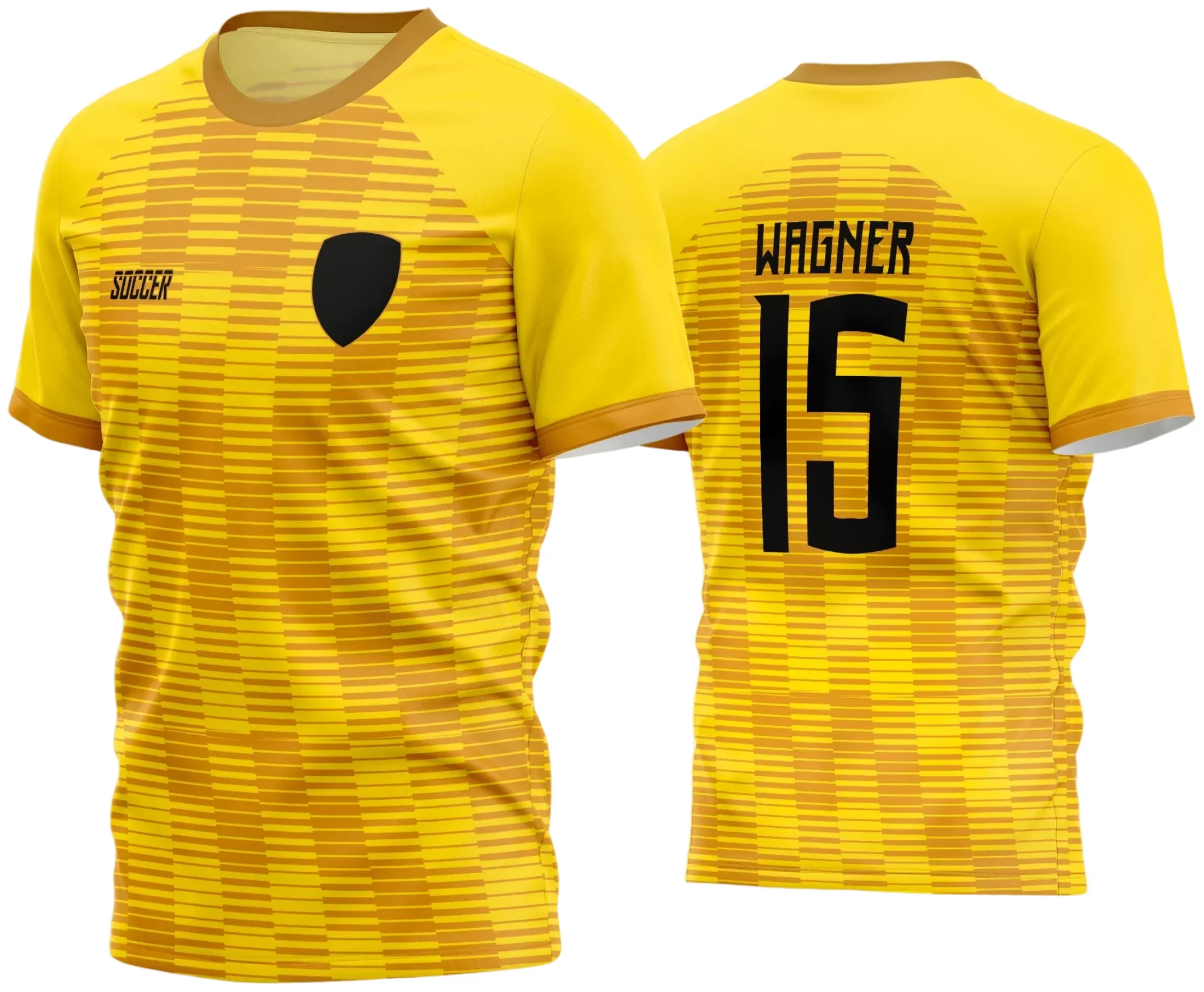 Camisa de futebol amador com logo no peito e estampa grande nas costas, em cores vibrantes que destacam o estilo único do time, perfeita para uso coletivo e visual marcante nas partidas.