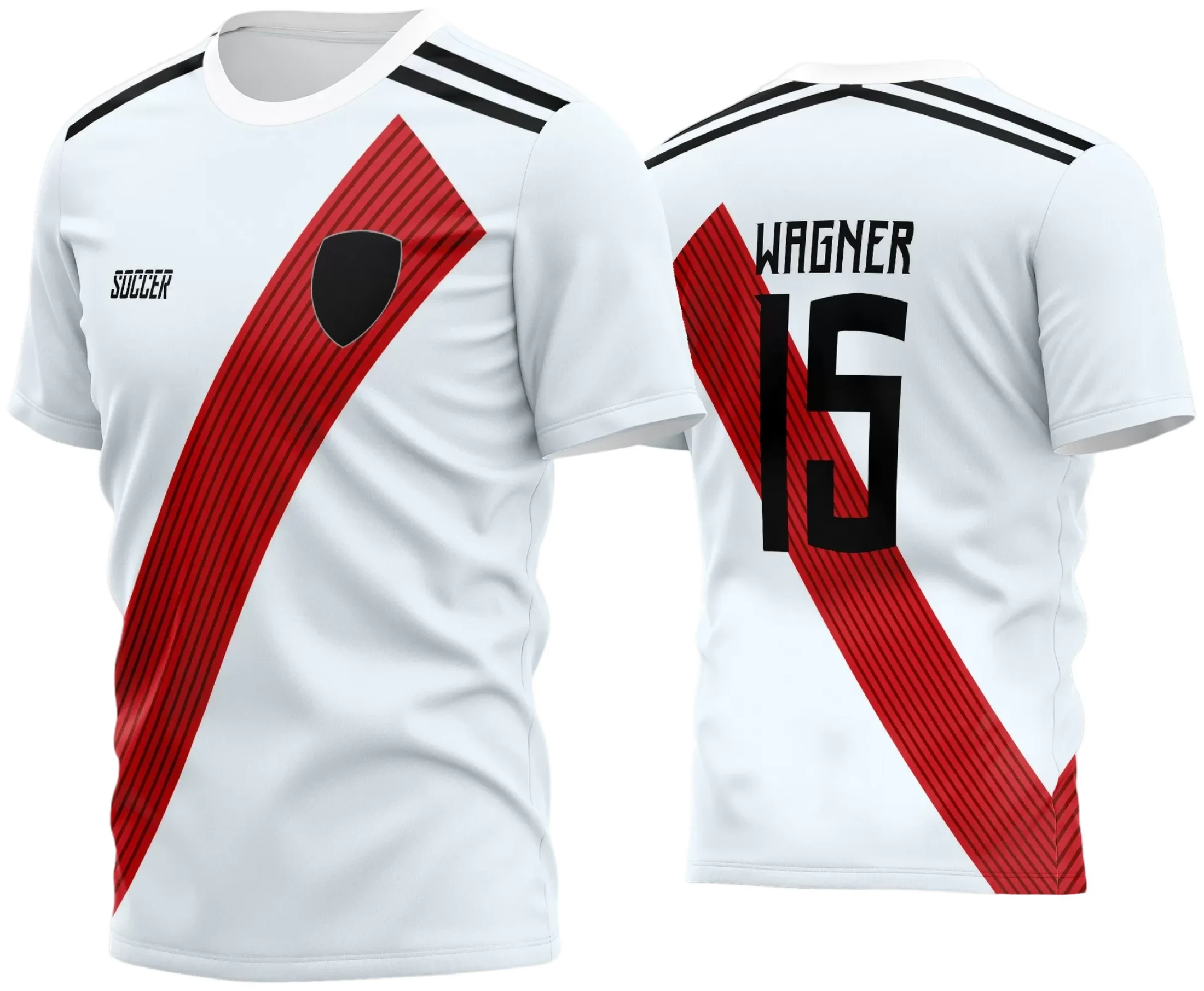 Camisa de futebol amador com logo no peito e estampa grande nas costas, destacando estilo e identidade para times com visual moderno e dinâmico ideal para jogos e eventos esportivos.