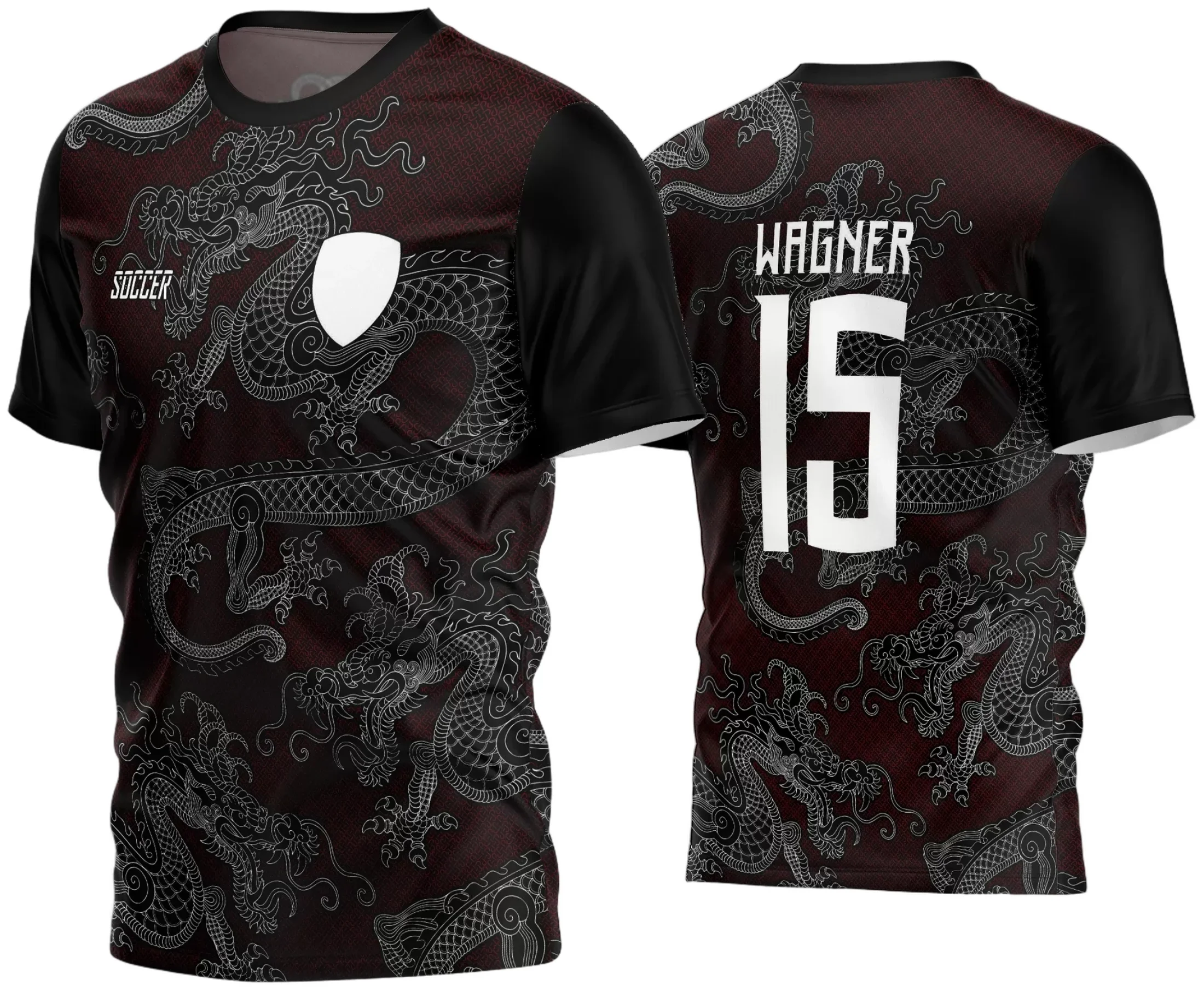 Camisa de futebol amador com logo no peito e estampa grande nas costas, exibindo design moderno e cores vibrantes, perfeita para times que buscam destaque e identidade visual marcante em campo.