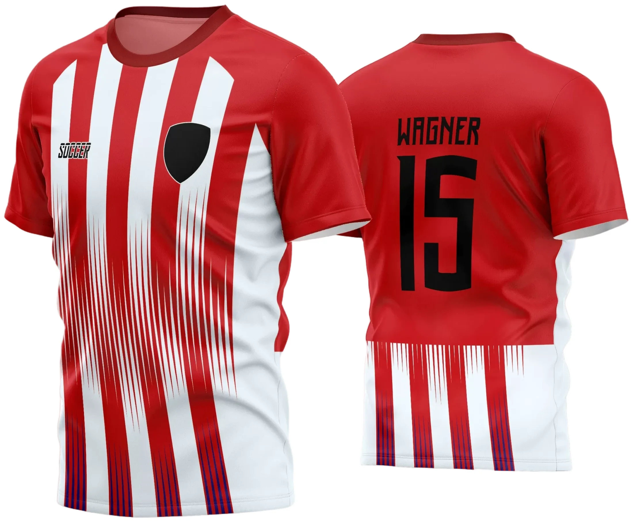 Camisa de futebol amador com logo no peito e estampa grande nas costas destacando o design dinâmico e original, perfeita para times que buscam estilo e união em campo