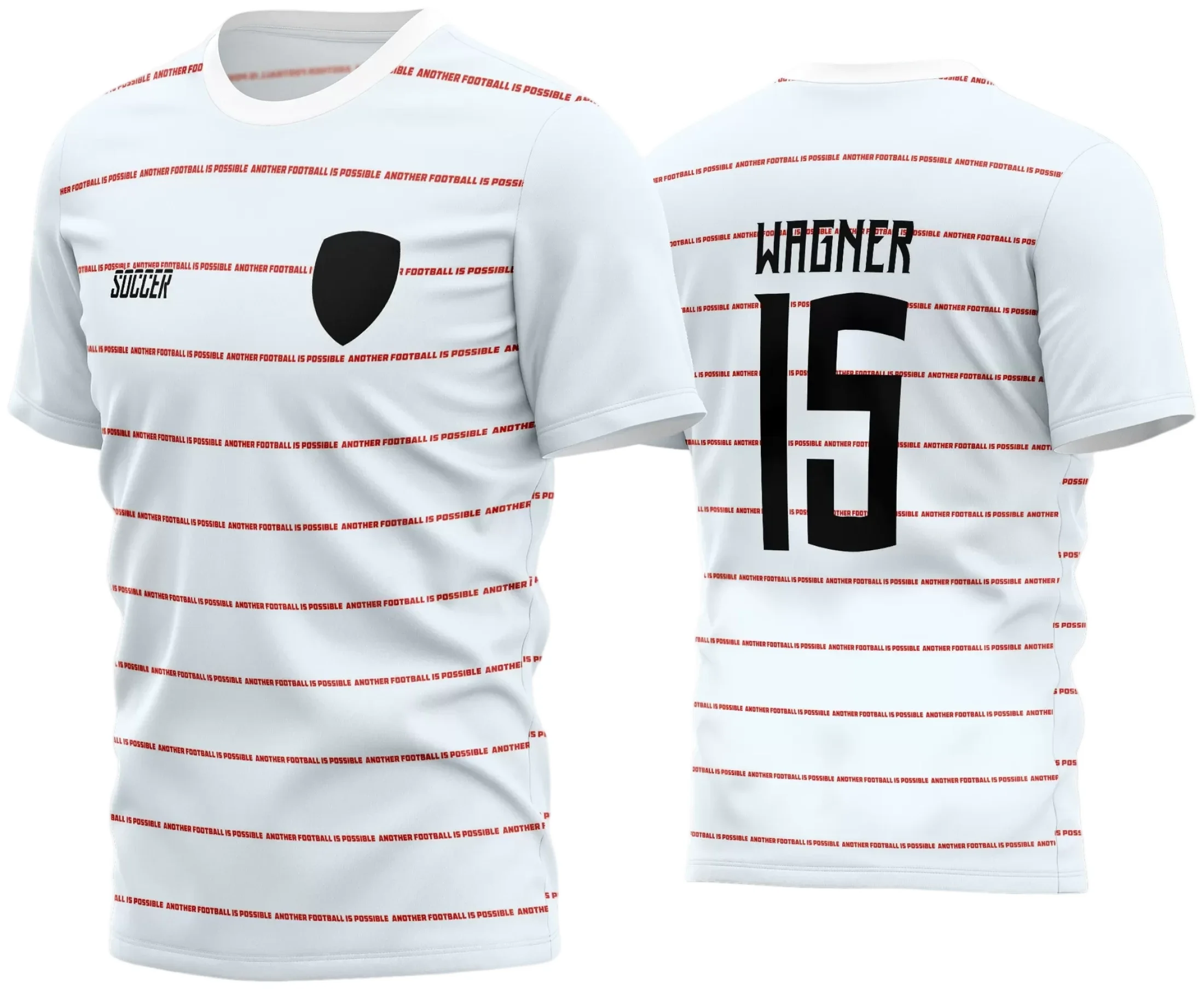 Camisa de futebol amador com logo no peito destacando o time e estampa grande nas costas mostrando design vibrante e moderno, perfeita para jogos e eventos esportivos.