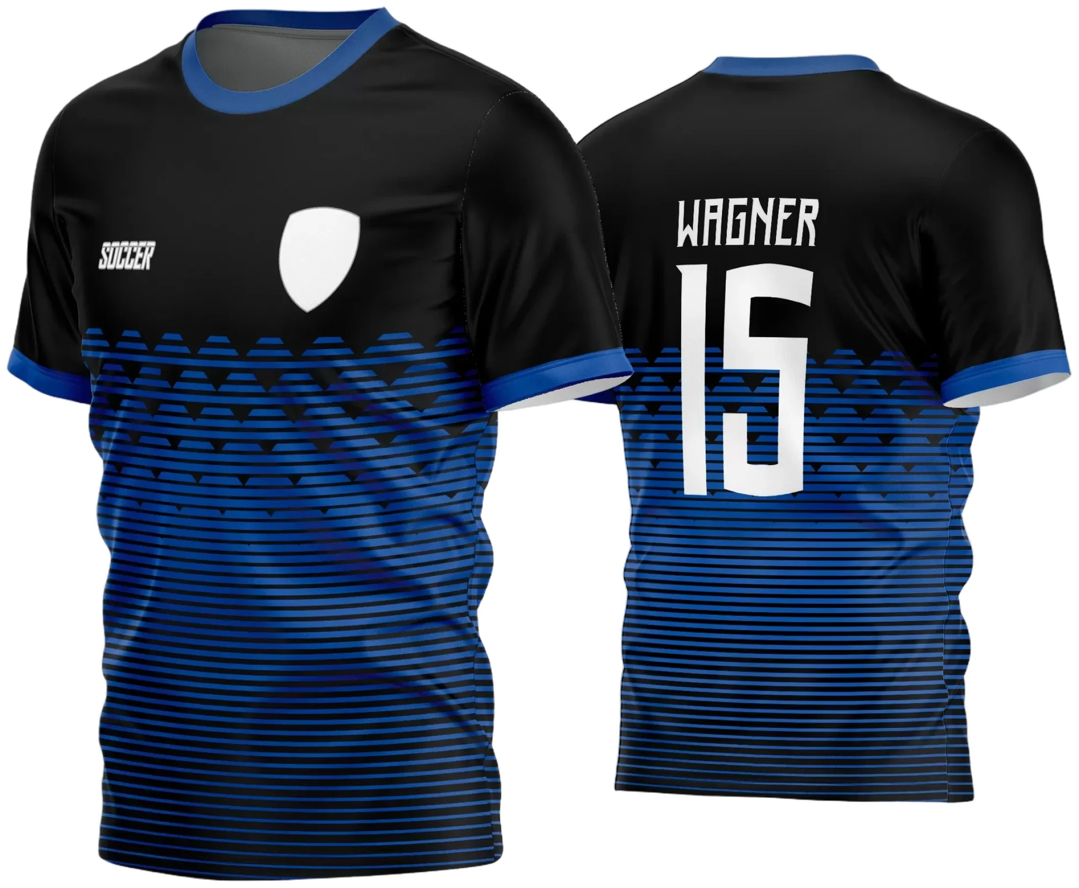 Camisa de futebol amador com logo no peito e estampa grande nas costas em estilo marcante e moderno, ideal para times que buscam identidade visual forte em jogos e campeonatos amadores.