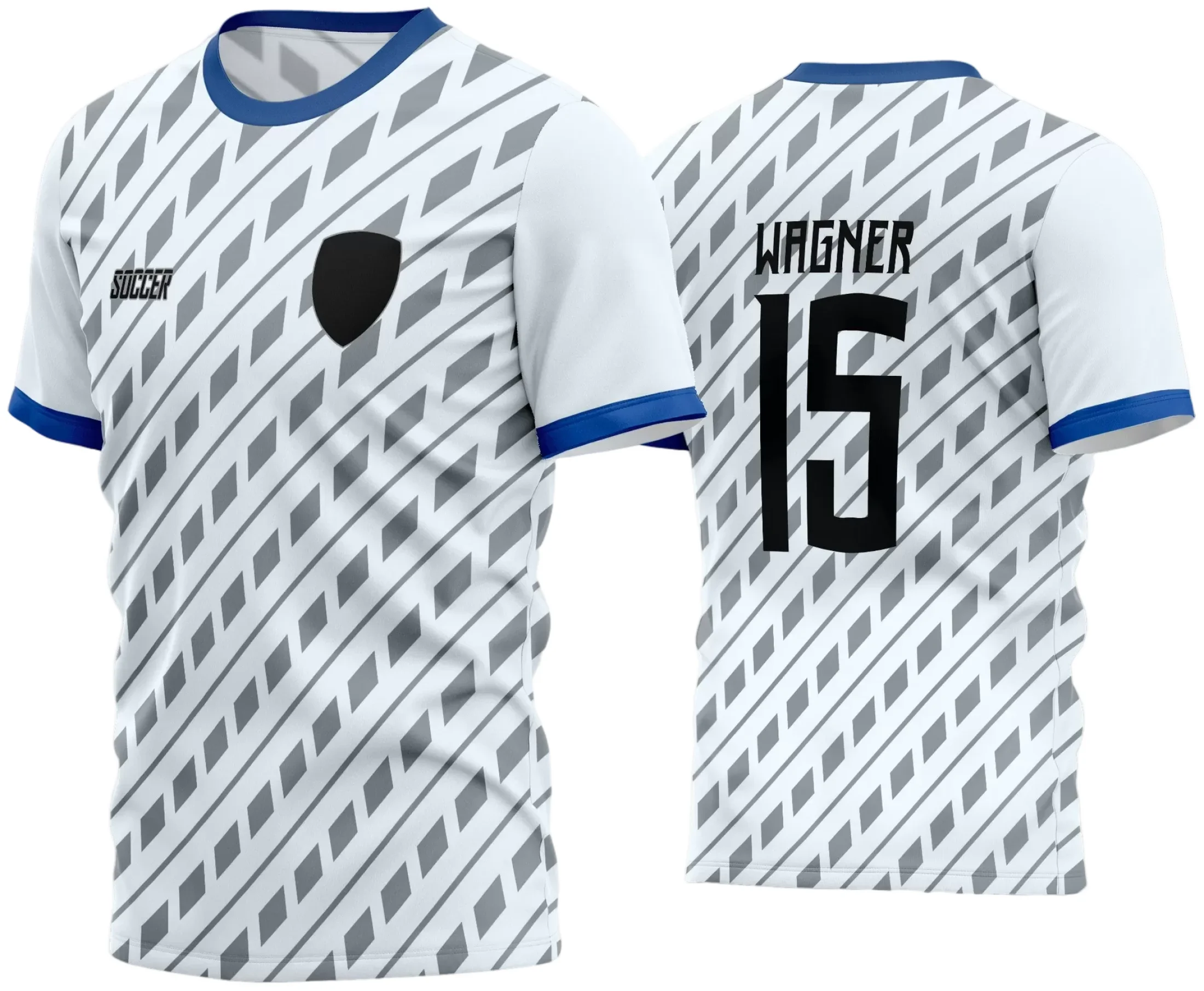 Camisa de futebol com logo no peito bem visível e estampa grande nas costas que destaca o nome e número do time amador, ideal para jogos e treinos com estilo único e personalidade.