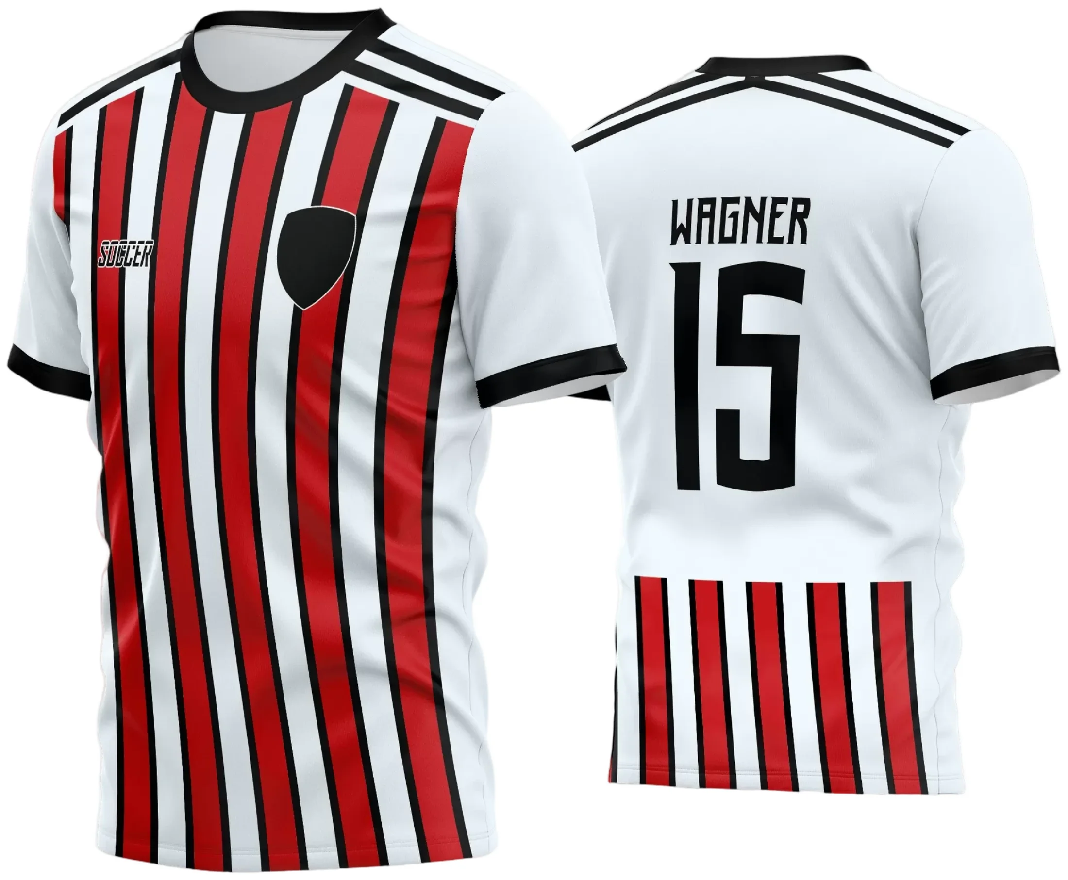 Camisa de futebol amador com logo no peito e estampa grande nas costas, destacando o design moderno e personalizado perfeito para times locais se destacarem em campo durante 2024.