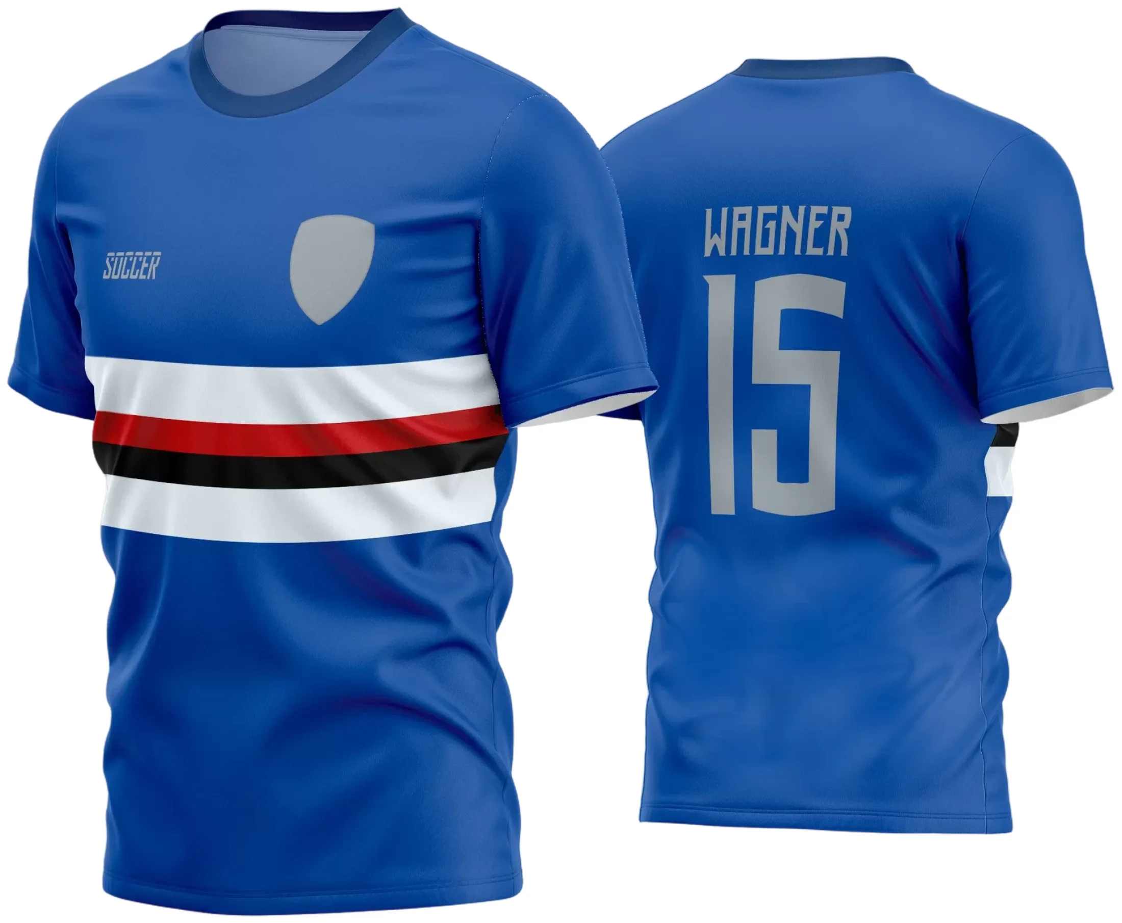 Camisa de futebol amador com logo no peito e estampa grande nas costas em cores vibrantes e design moderno, ideal para times que buscam identidade visual marcante nos jogos.