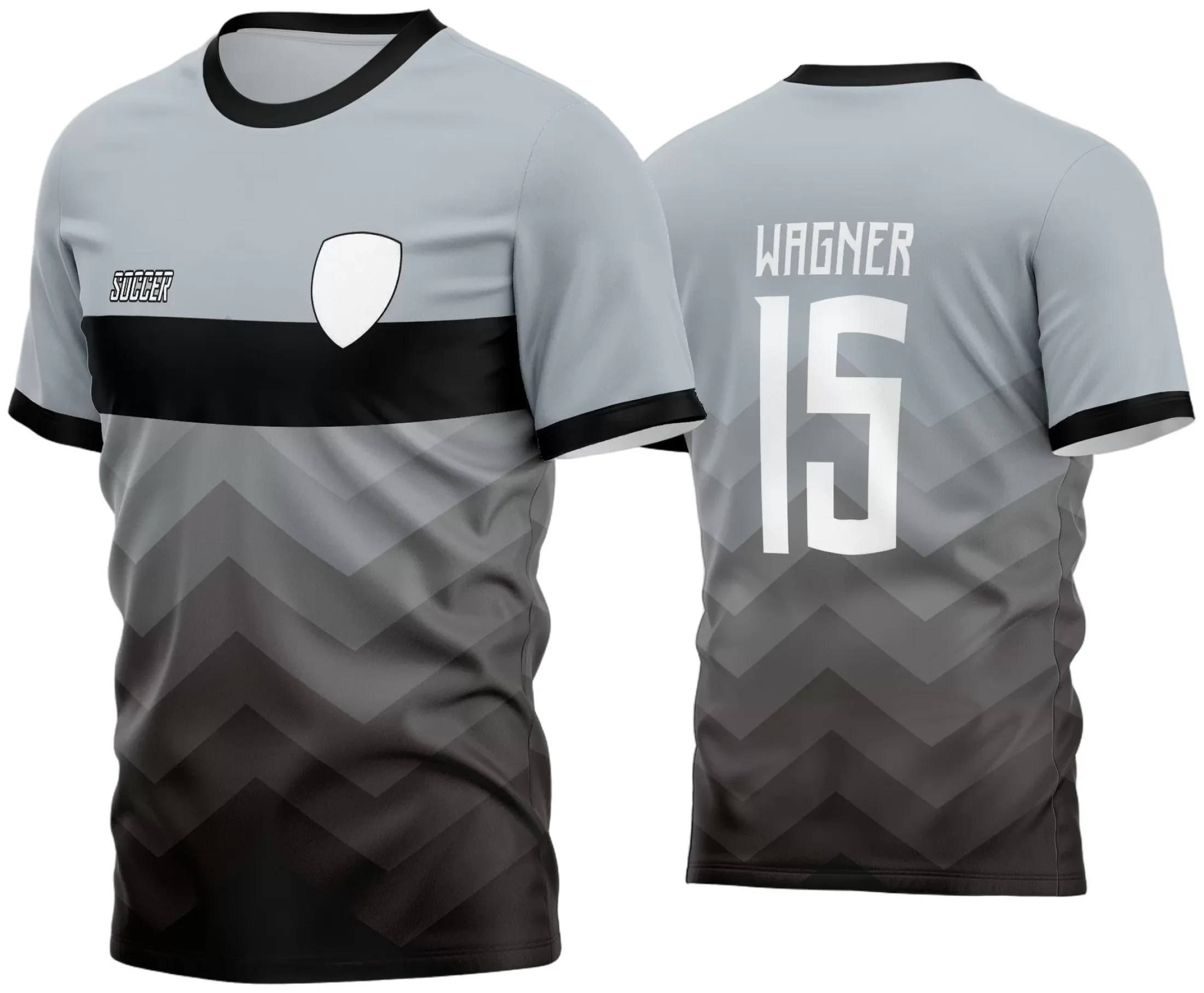 Camisa de futebol amador com logo no peito e estampa grande nas costas, ideal para times que buscam um visual moderno e marcante em campo. Design vibrante e acabamento impecável.