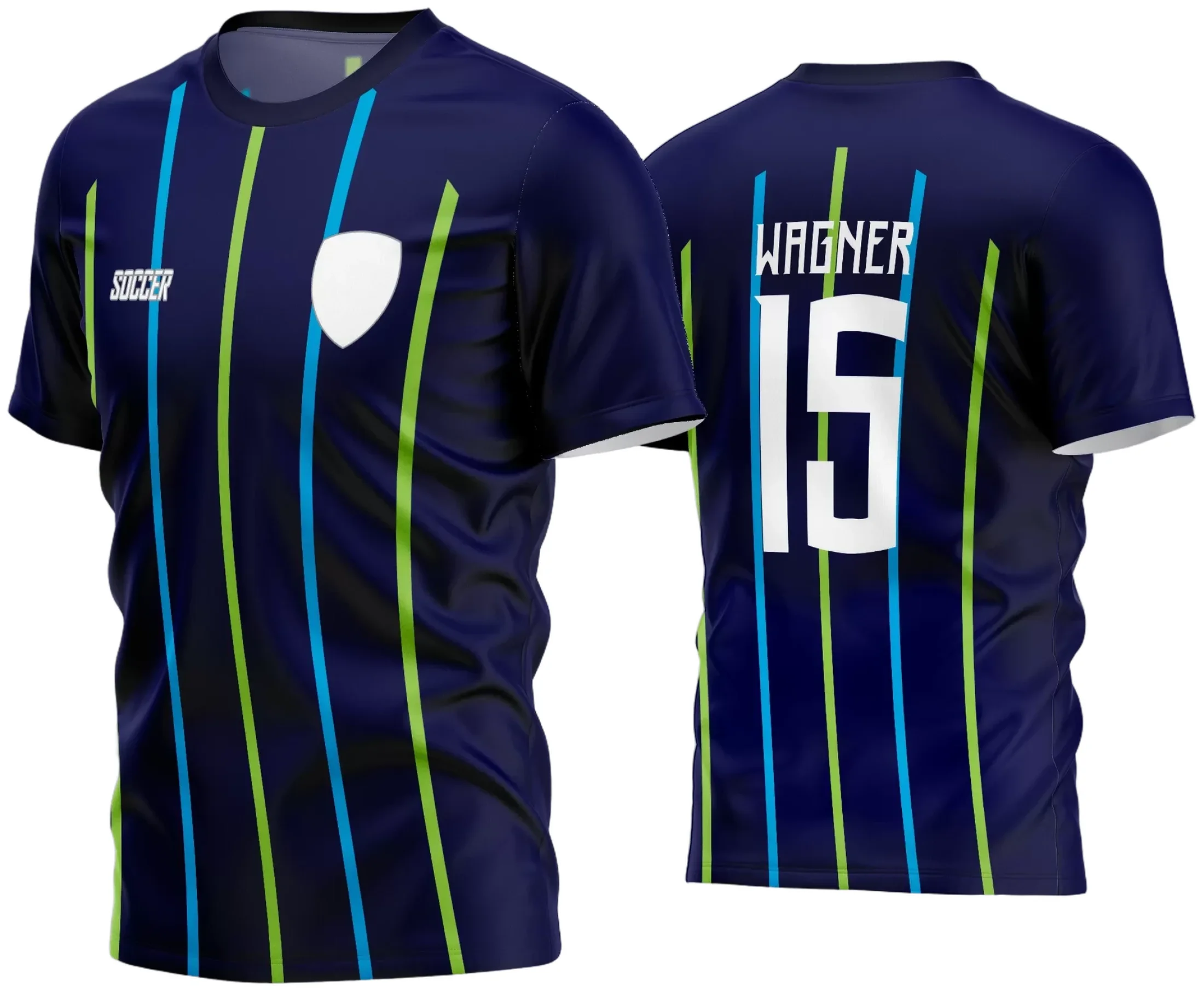 Camisa de futebol amador com logo no peito e estampa grande nas costas, perfeita para times que buscam identidade e estilo autêntico em campo, com design moderno e esportivo.