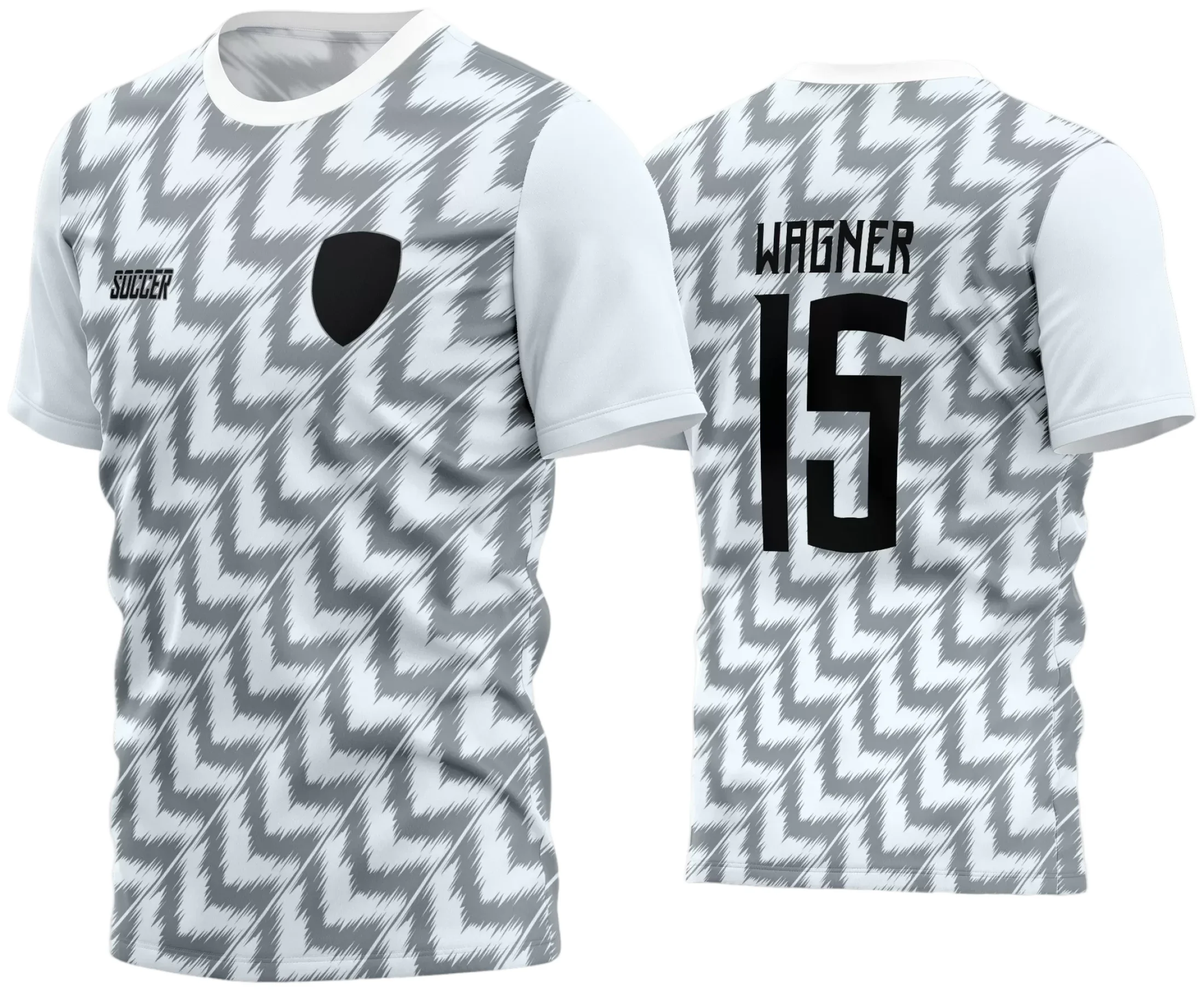 Camisa de time amador de futebol com logo no peito e estampa grande nas costas destacando design moderno e cores vibrantes, perfeita para partidas e eventos esportivos.