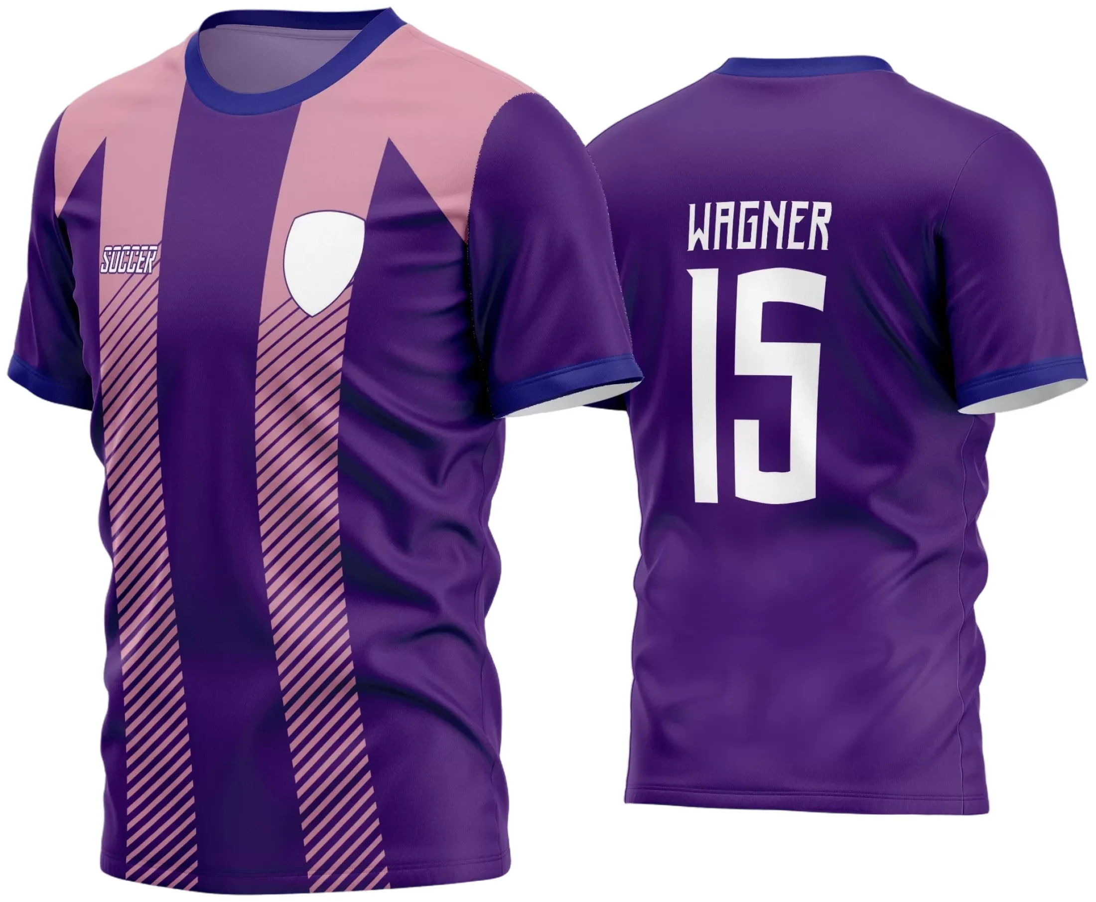 Imagem da camisa personalizada de futebol amador com logo no peito e estampa grande nas costas, exibindo um design moderno e vibrante, perfeito para times e grupos esportivos que buscam identidade única.