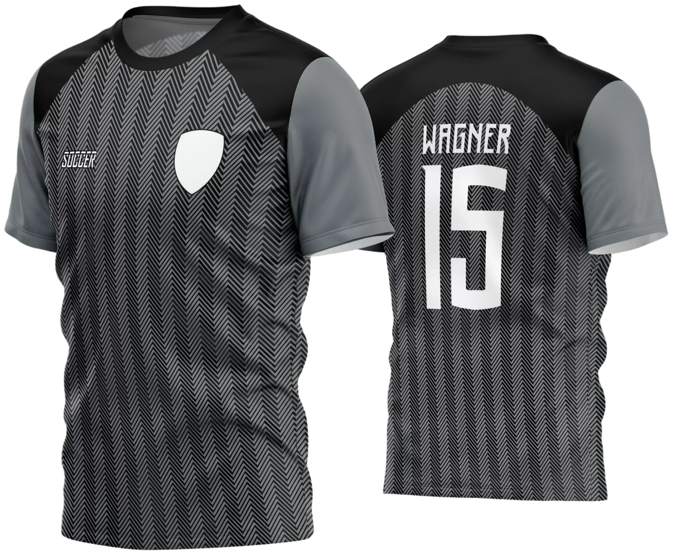 Camisa de futebol amador com logo no peito e estampa grande nas costas, design moderno e cores vibrantes que destacam o time em campo com estilo único e profissional.