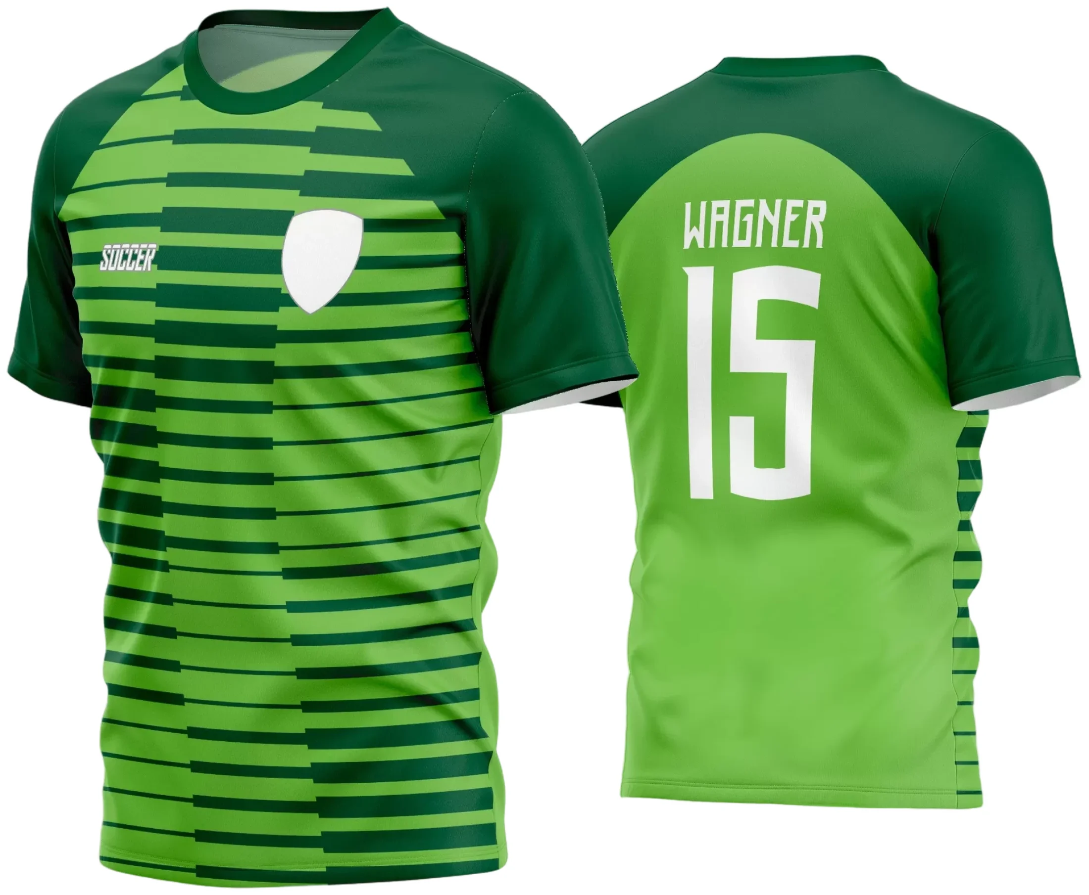 Camisa de futebol amador em destaque, com logo no peito e estampa grande nas costas, perfeita para quem busca um visual marcante no campo e um design moderno para o time.