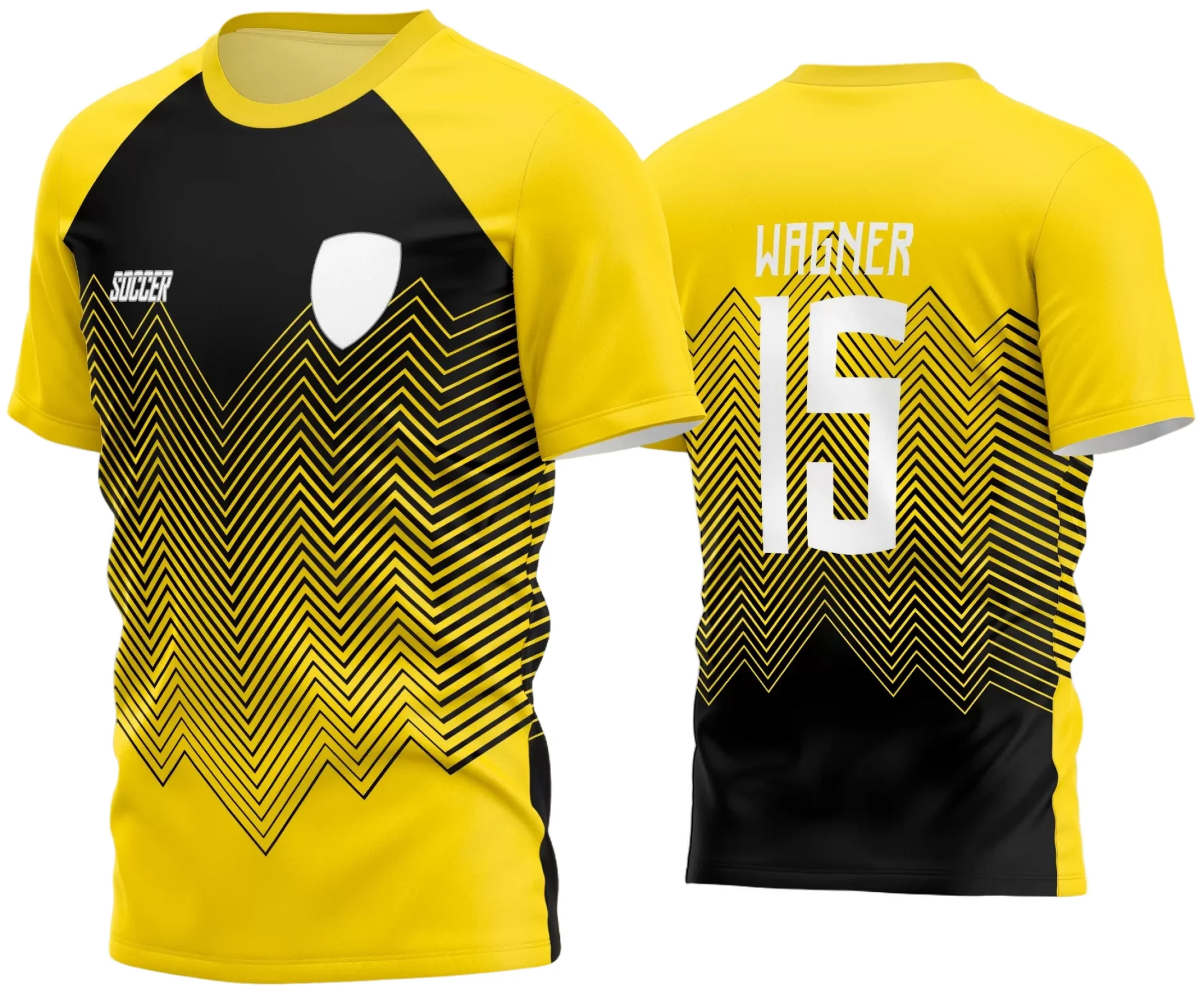 Camisa de time amador com logo no peito e estampa grande nas costas mostrando design moderno e vibrante, perfeita para quem valoriza identidade e espírito de equipe em campo.