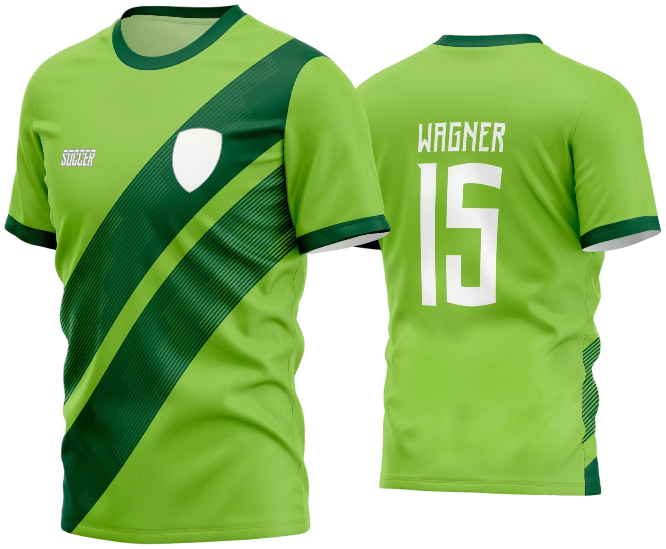 Camisa de futebol com logo no peito e estampa grande nas costas, em estilo moderno para time amador, destacando cores vibrantes e design atraente para uso em campo e eventos esportivos.