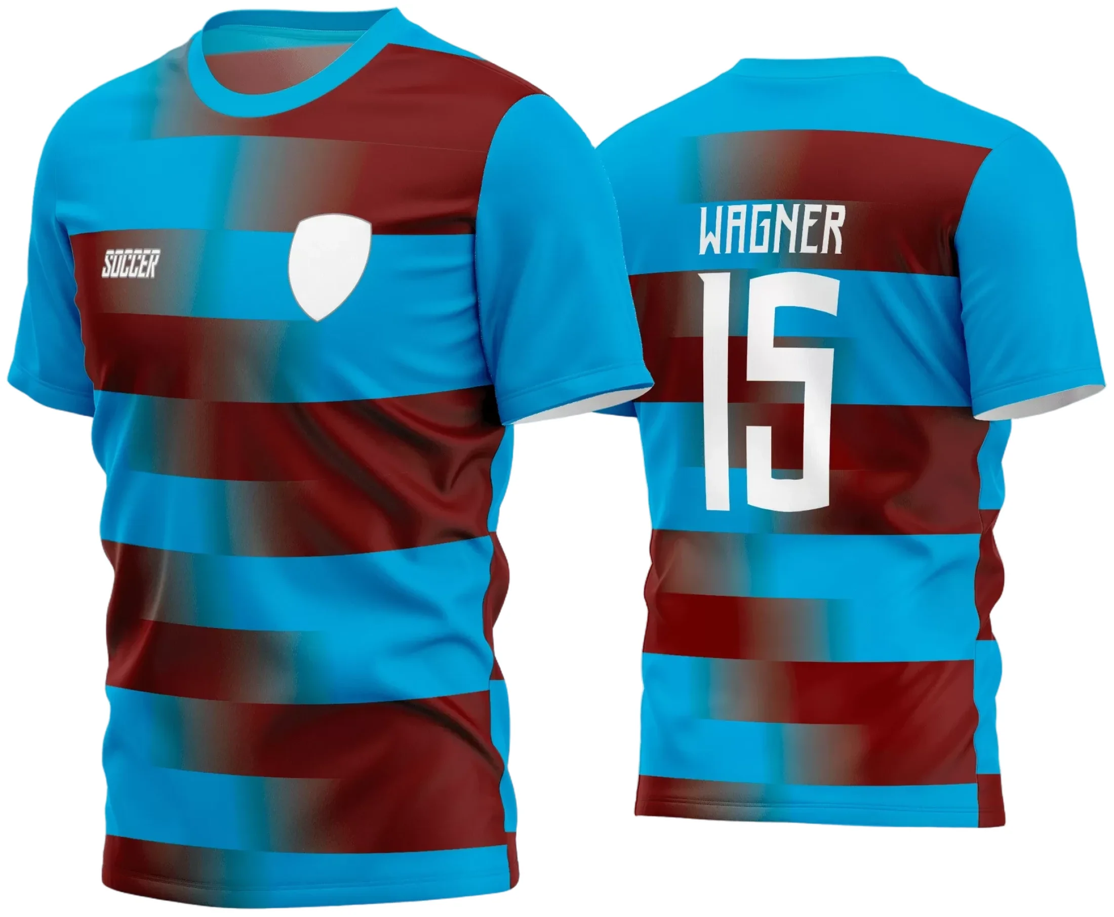 Camisa de futebol amador com logo no peito visível e estampa grande nas costas destacando o nome e número, ideal para times amadores que buscam identidade e presença no campo.