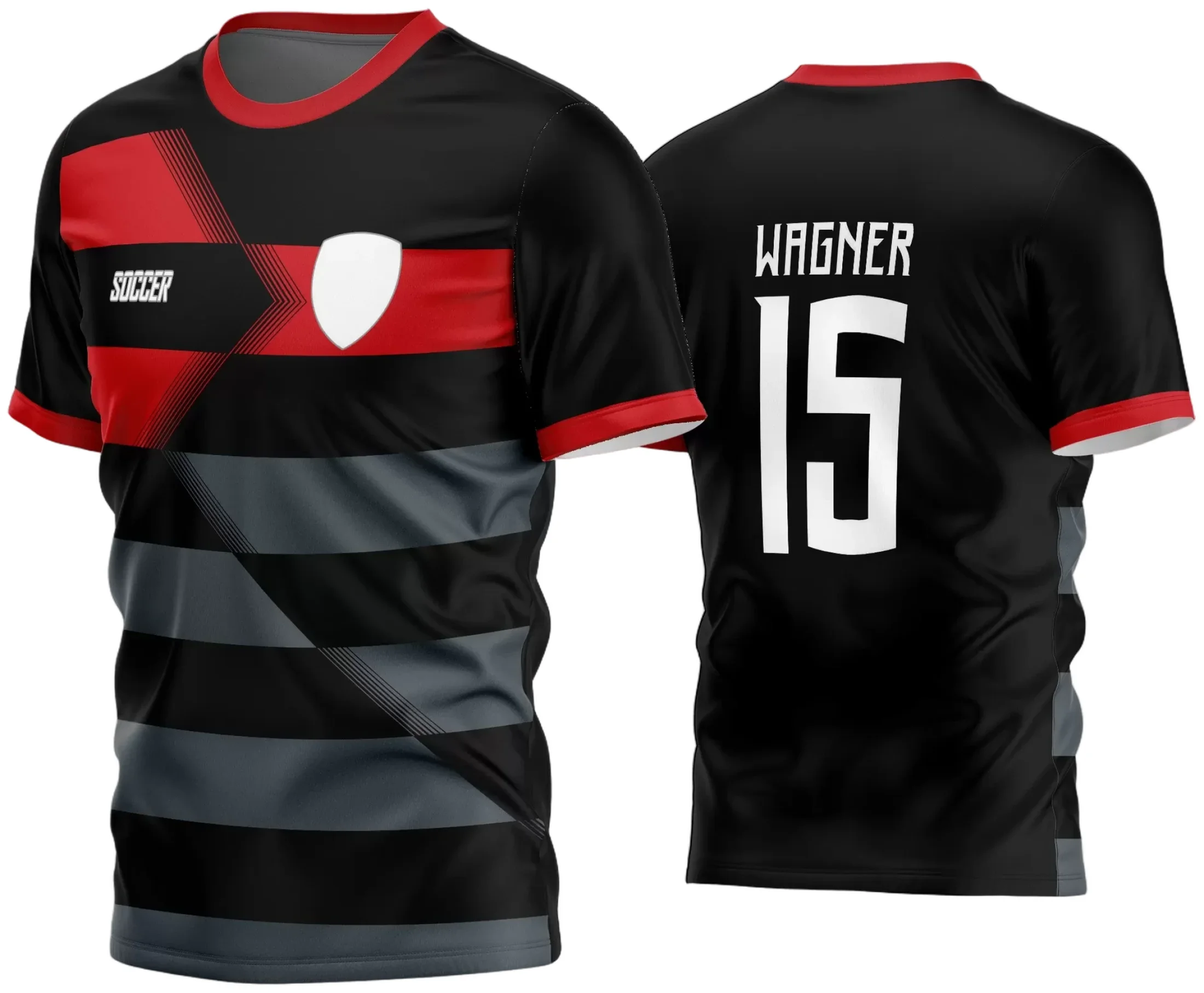 Camisa de futebol amador com logo no peito e estampa grande nas costas, exibindo design moderno e vibrante para uniformes de times, perfeita para partidas informais e eventos esportivos entre amigos.