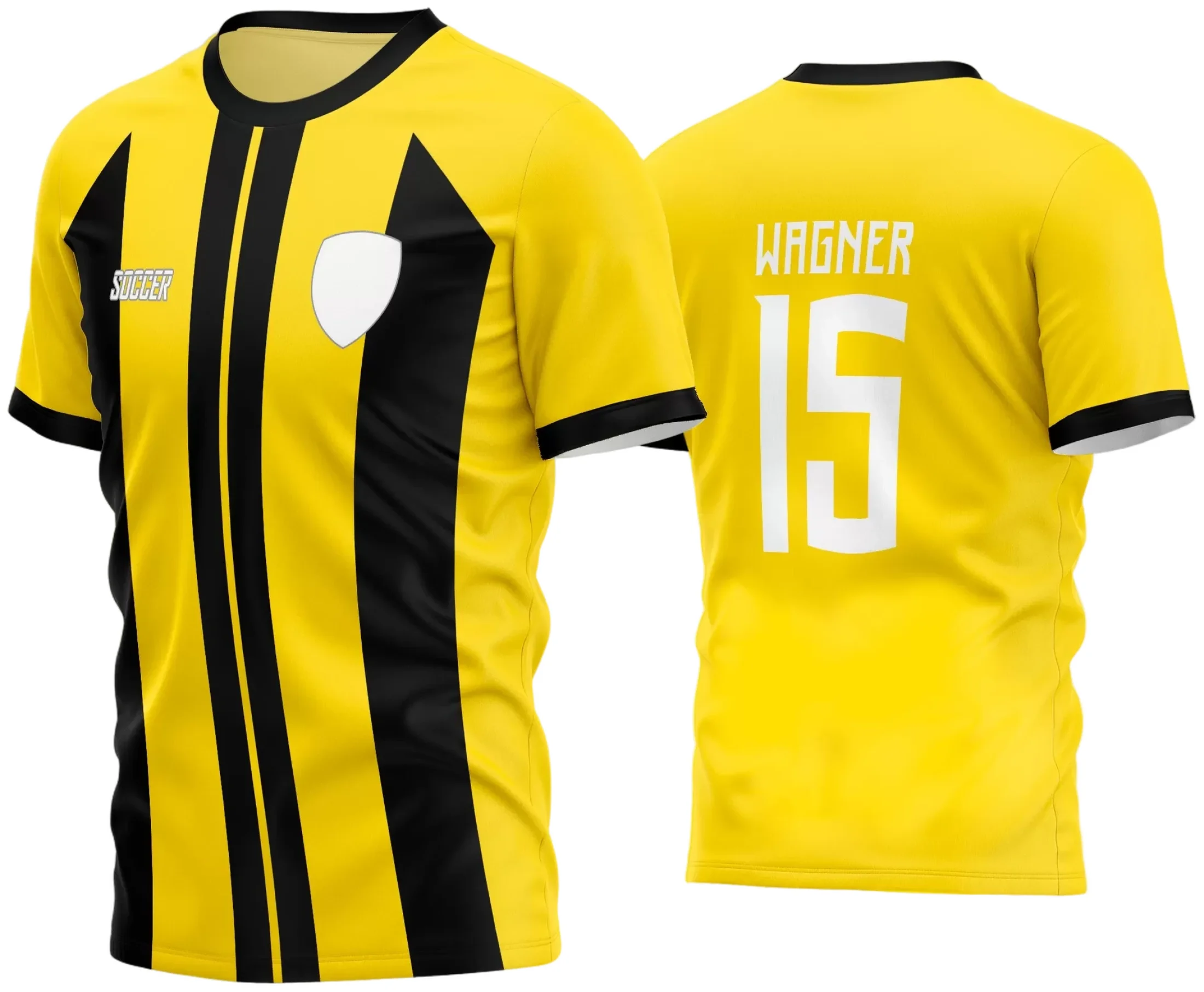 Camisa de futebol amador com logo no peito bem visível e estampa grande nas costas que destaca o espírito de equipe em design esportivo vibrante para o time em campo.