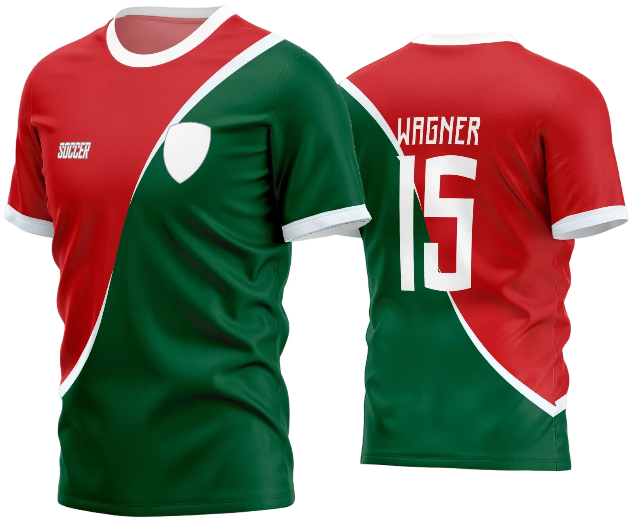 Camisa de futebol amador com logo no peito e estampa grande nas costas, design moderno e cores vibrantes que destacam a identidade do time, ideal para partidas e eventos esportivos.