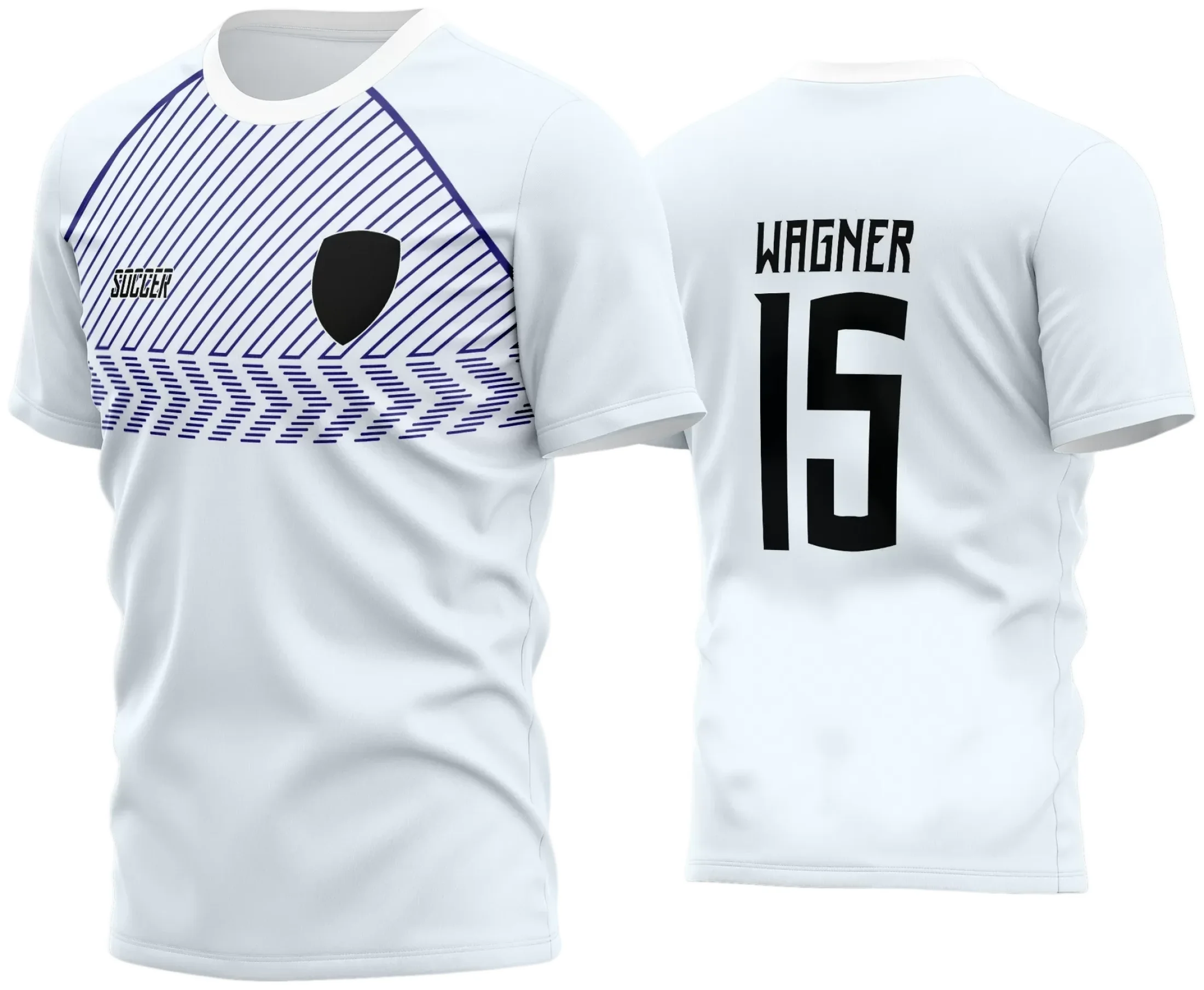 Camisa de futebol amador com logo no peito bem visível e uma estampa grande nas costas que destaca o espírito de time unido e competitivo em design moderno e vibrante.