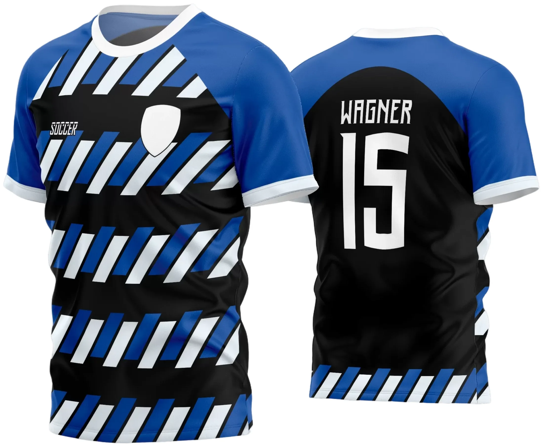 Camisa de futebol com logo no peito e estampa grande nas costas, exibindo design moderno e marcante para times amadores celebrarem a temporada 2024 em campo com estilo e identidade.