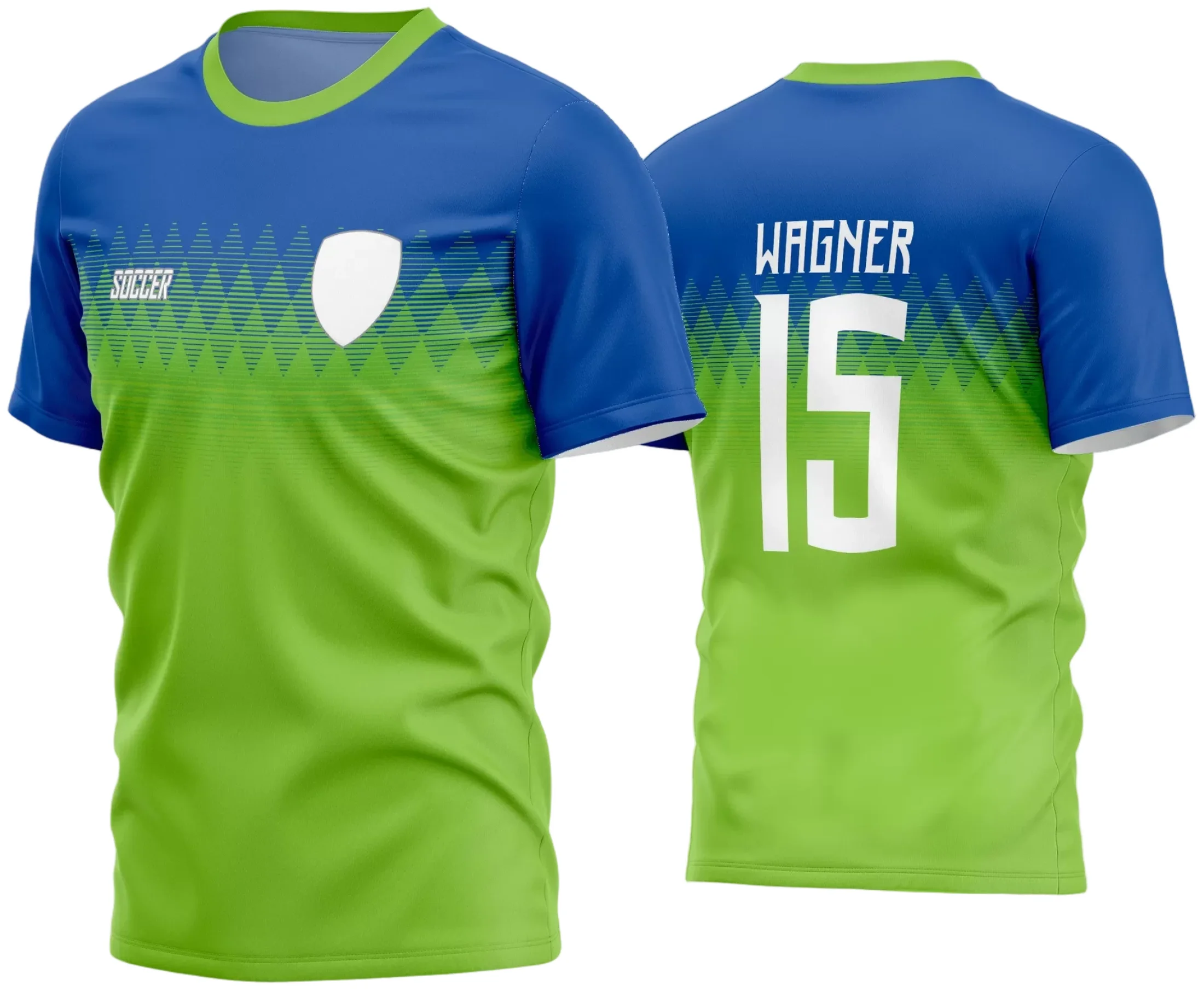 Foto da camisa de futebol amador com logo no peito e estampa grande nas costas, perfeita para times que buscam uniforme customizado e marcante em campo.