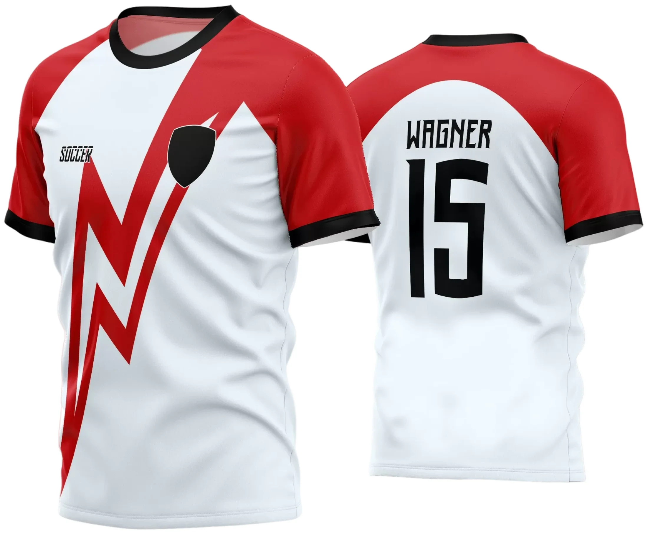 Camisa de futebol amador com logo no peito e estampa grande nas costas em cores vibrantes, ideal para times que querem mostrar raça e união dentro e fora de campo.