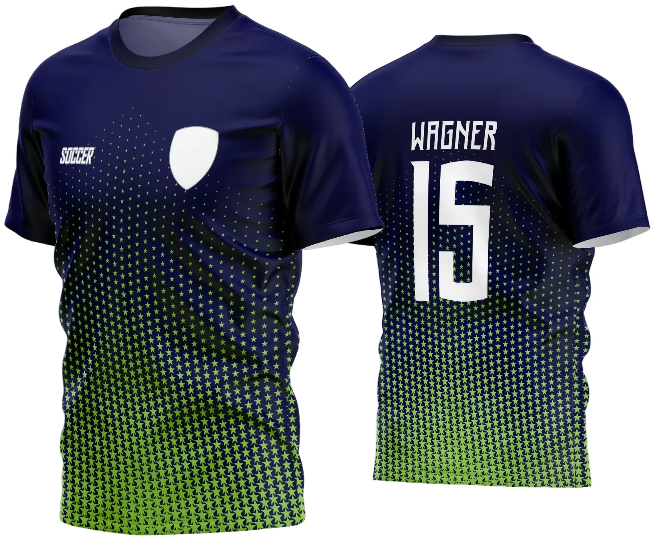 Foto de camisa de futebol com logo no peito e estampa grande nas costas, apresentando design moderno e único para times amadores em 2024, ideais para jogos e treinos com identidade marcante.