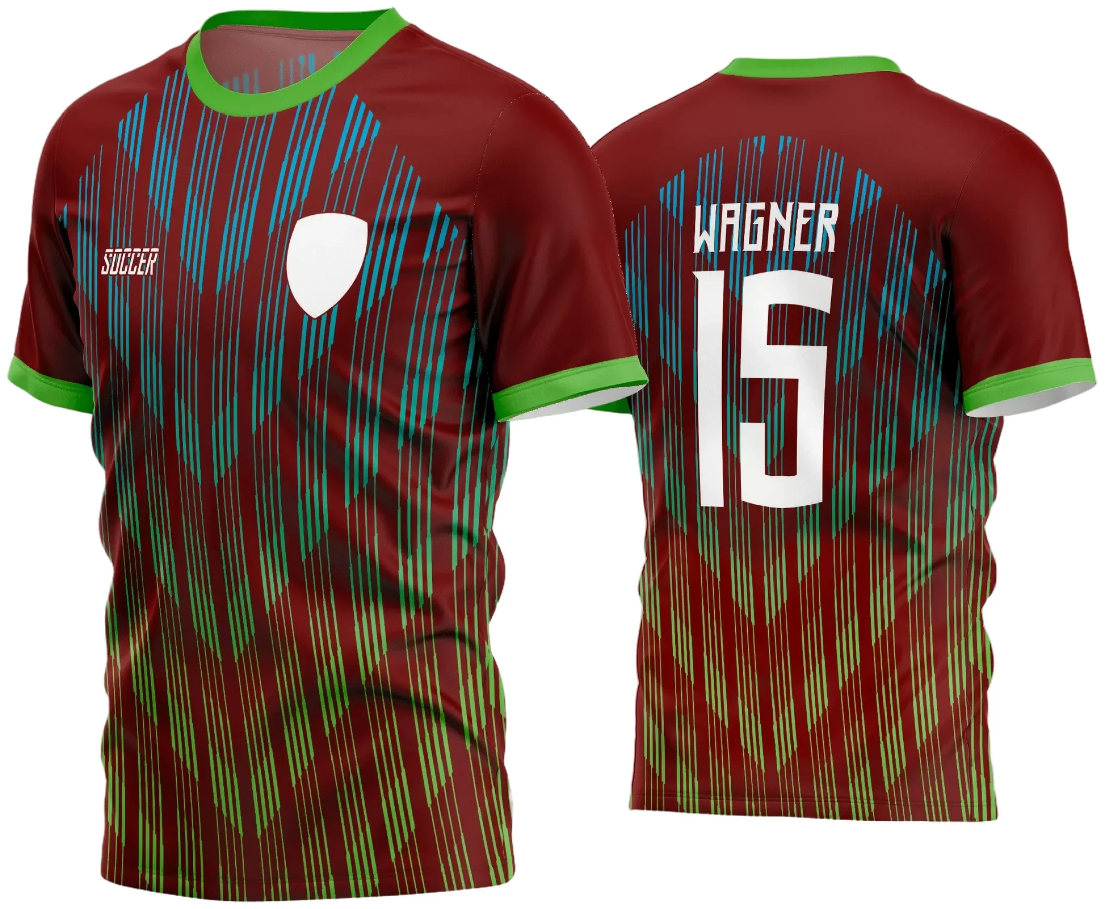 Camisa de futebol amador com logo no peito e estampa grande nas costas, exibindo design moderno e cores vibrantes que destacam a paixão pelo esporte em campo.