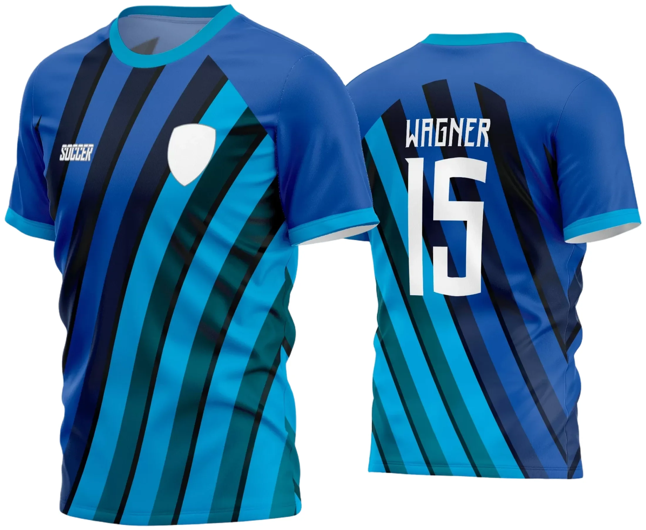 Camisa de futebol amador exibindo logo no peito e estampa grande nas costas, com design moderno e vibrante para equipes esportivas apaixonadas.