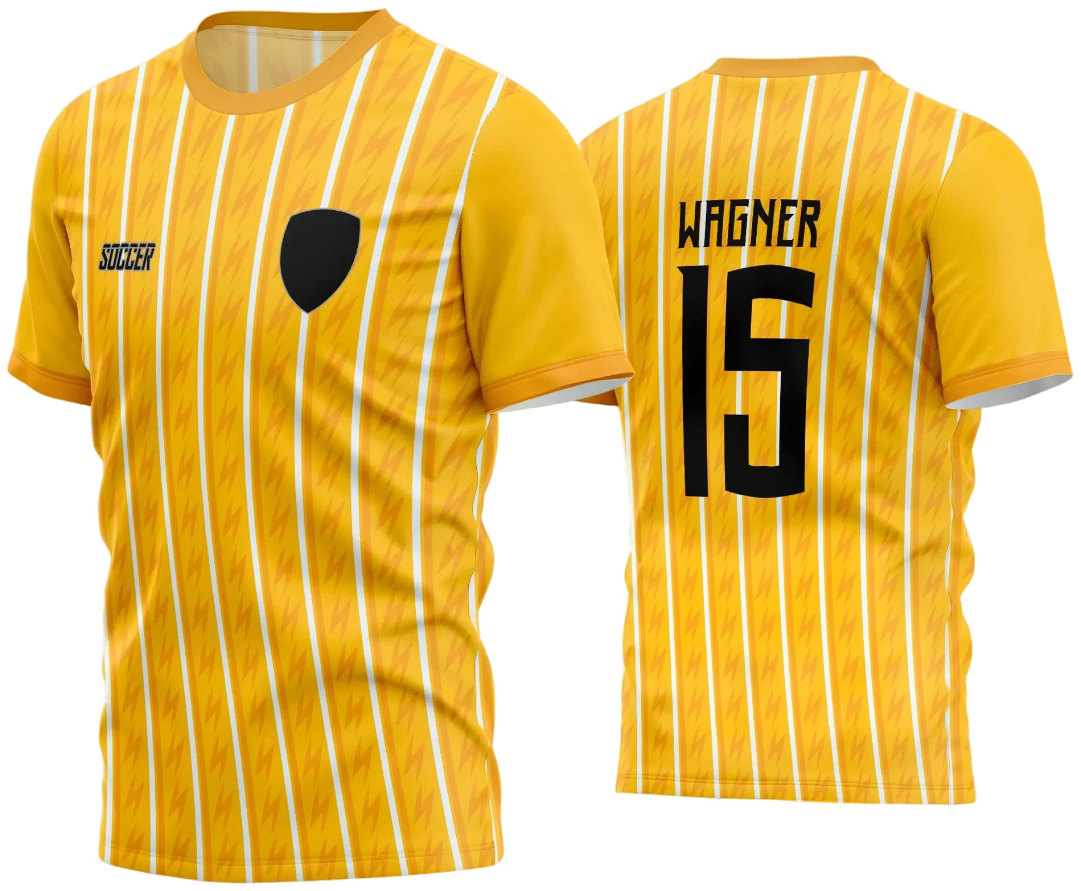 Camisa de futebol amador com logo no peito e estampa grande nas costas, destacando cores vibrantes em design moderno ideal para times que querem se destacar em campo com estilo e personalidade.