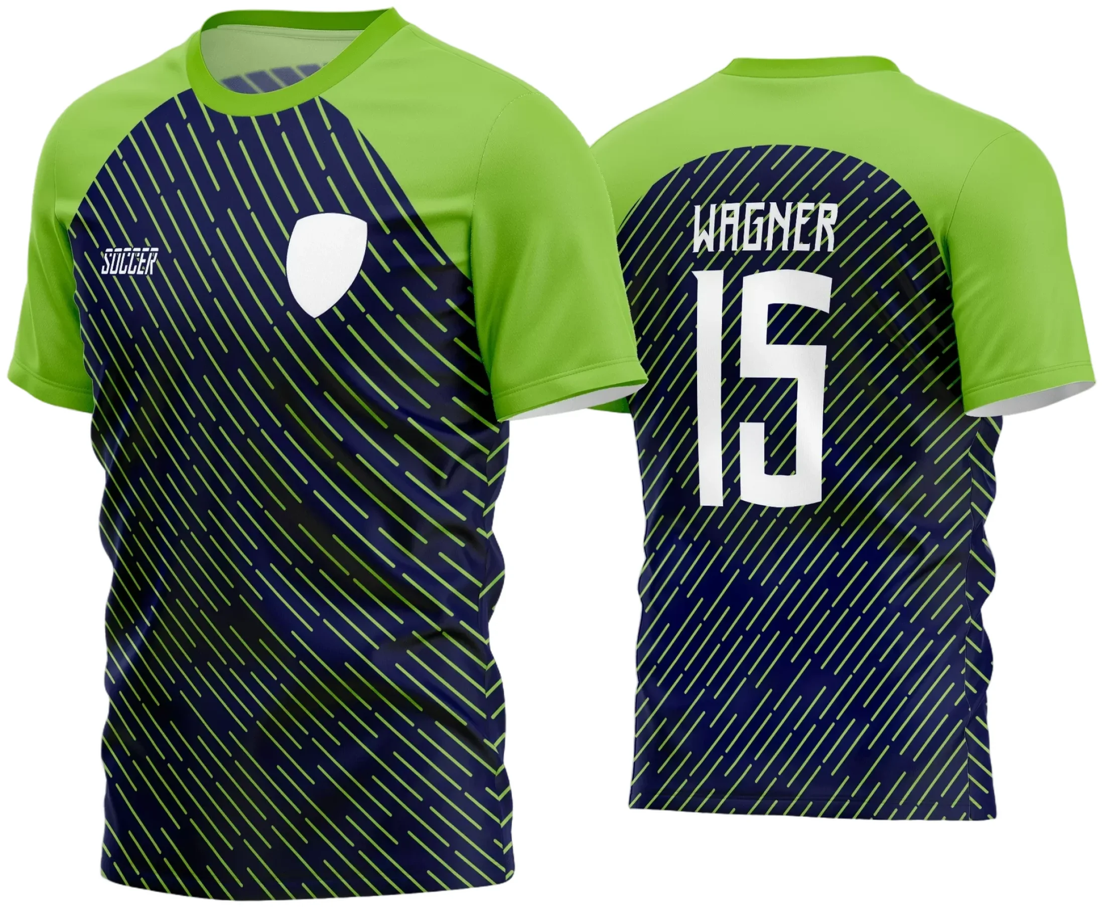 Camisa de futebol amador com logo no peito e estampa grande nas costas, em cores vibrantes e design moderno, ideal para times de futebol amador em 2024.