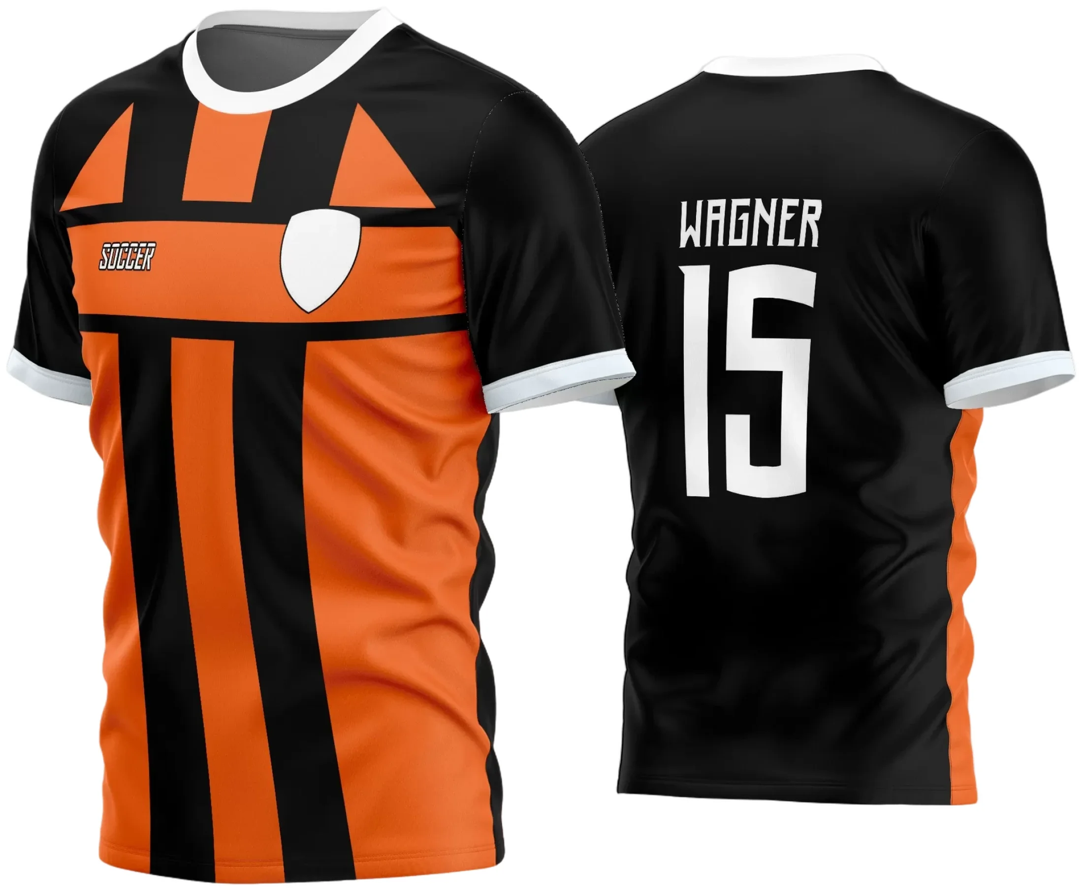 Camisa de futebol com logo no peito e estampa grande nas costas, exibindo design moderno e vibrante ideal para times amadores que buscam estilo e identidade em campo.