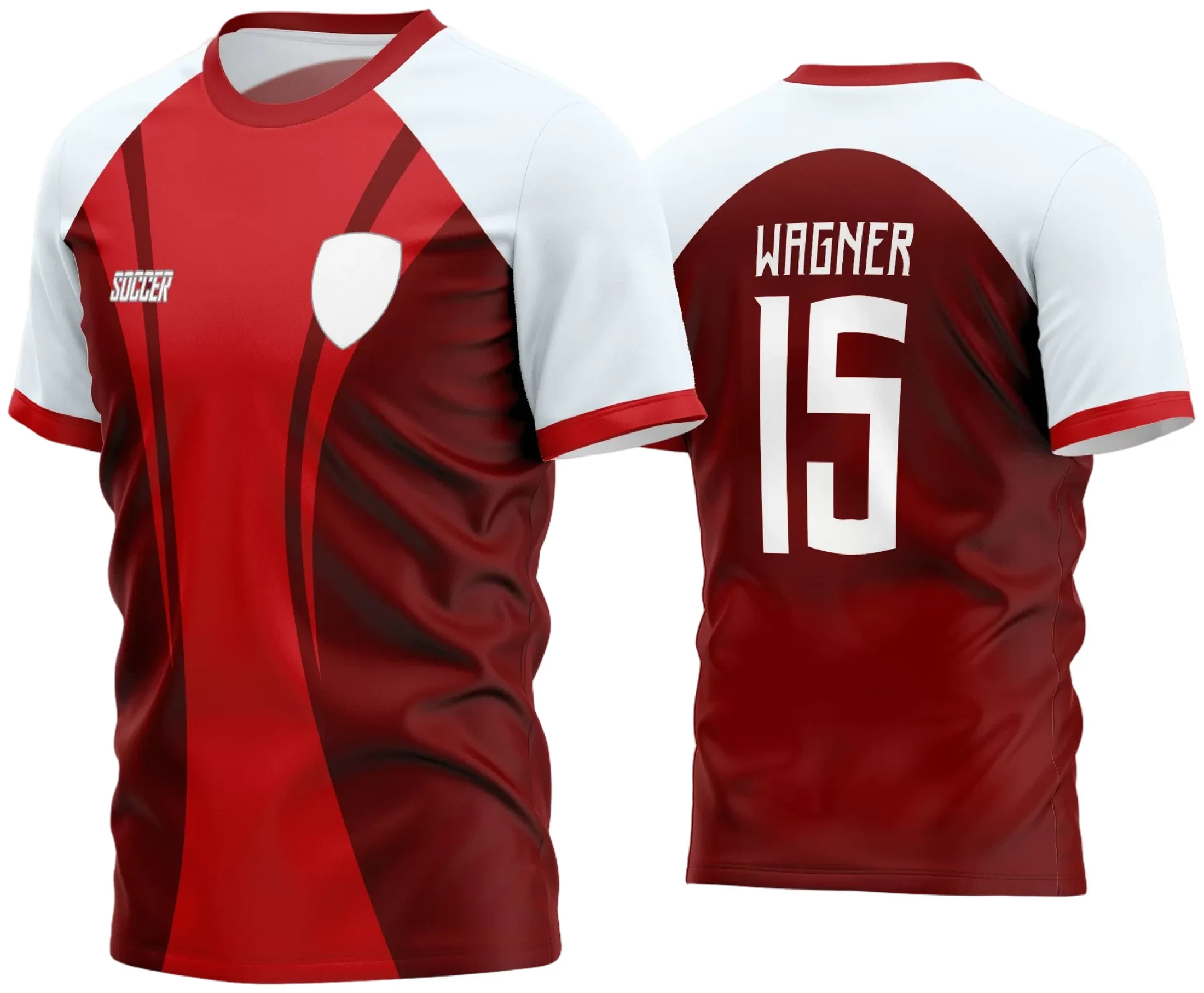 Camisa de futebol com logo no peito e estampa grande nas costas, design moderno para time amador, cores vibrantes e detalhes que destacam a identidade do grupo em campo.