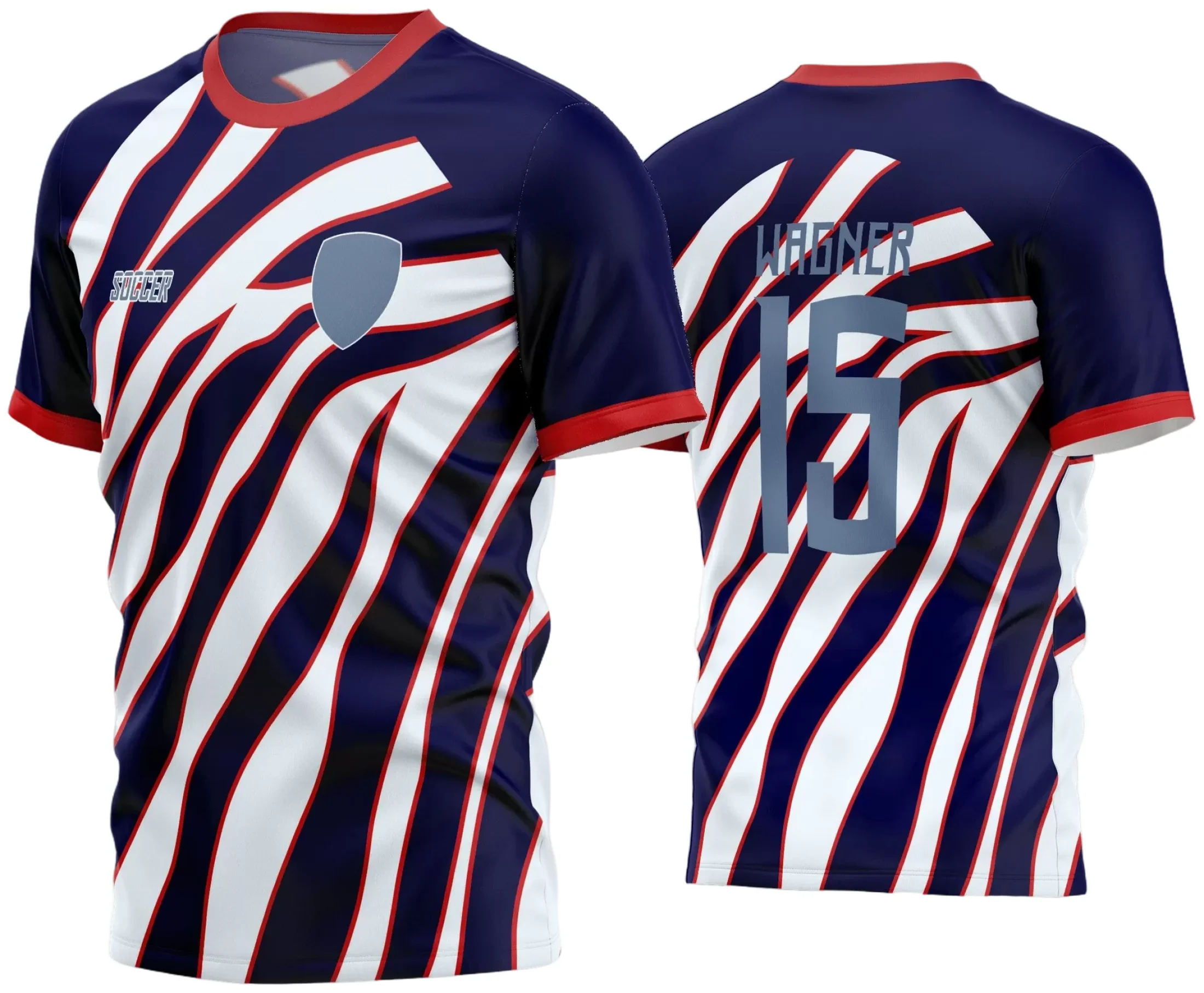 Camisa de futebol amador com logo no peito e estampa grande nas costas, exibindo design moderno e cores vibrantes para torcer com estilo e personalidade em 2024.