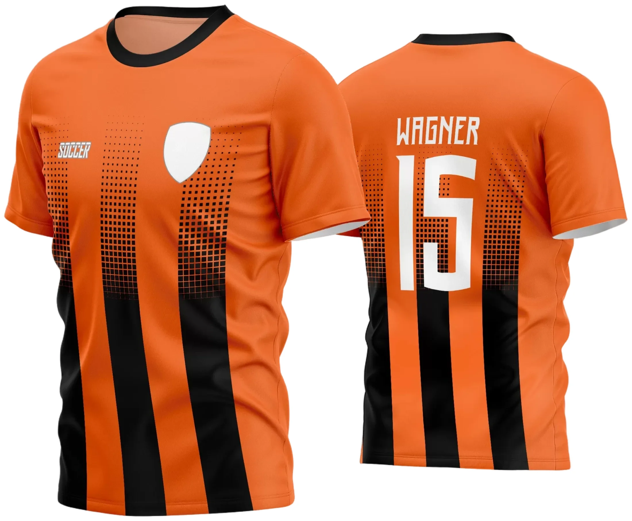 Camisa de futebol amador com logo no peito e estampa grande nas costas, destacando um design moderno e vibrante, ideal para equipes que buscam identidade e estilo no campo.