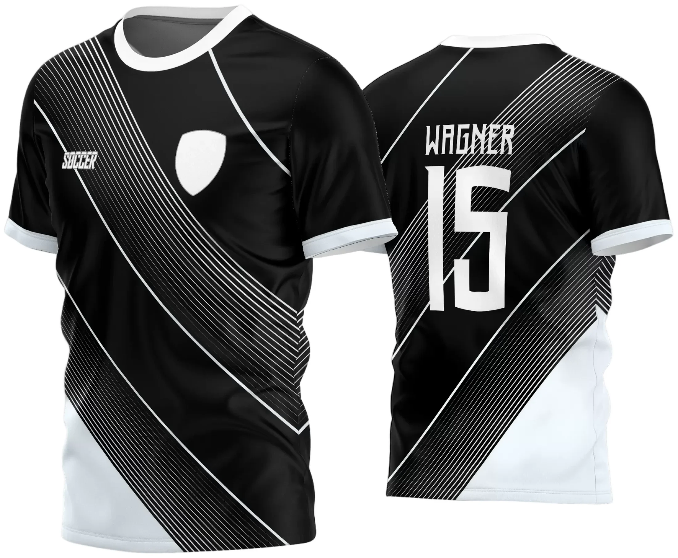 Camisa de futebol amador com logo no peito e estampa grande nas costas, combinando design moderno e visual marcante para jogos e torcidas apaixonadas.
