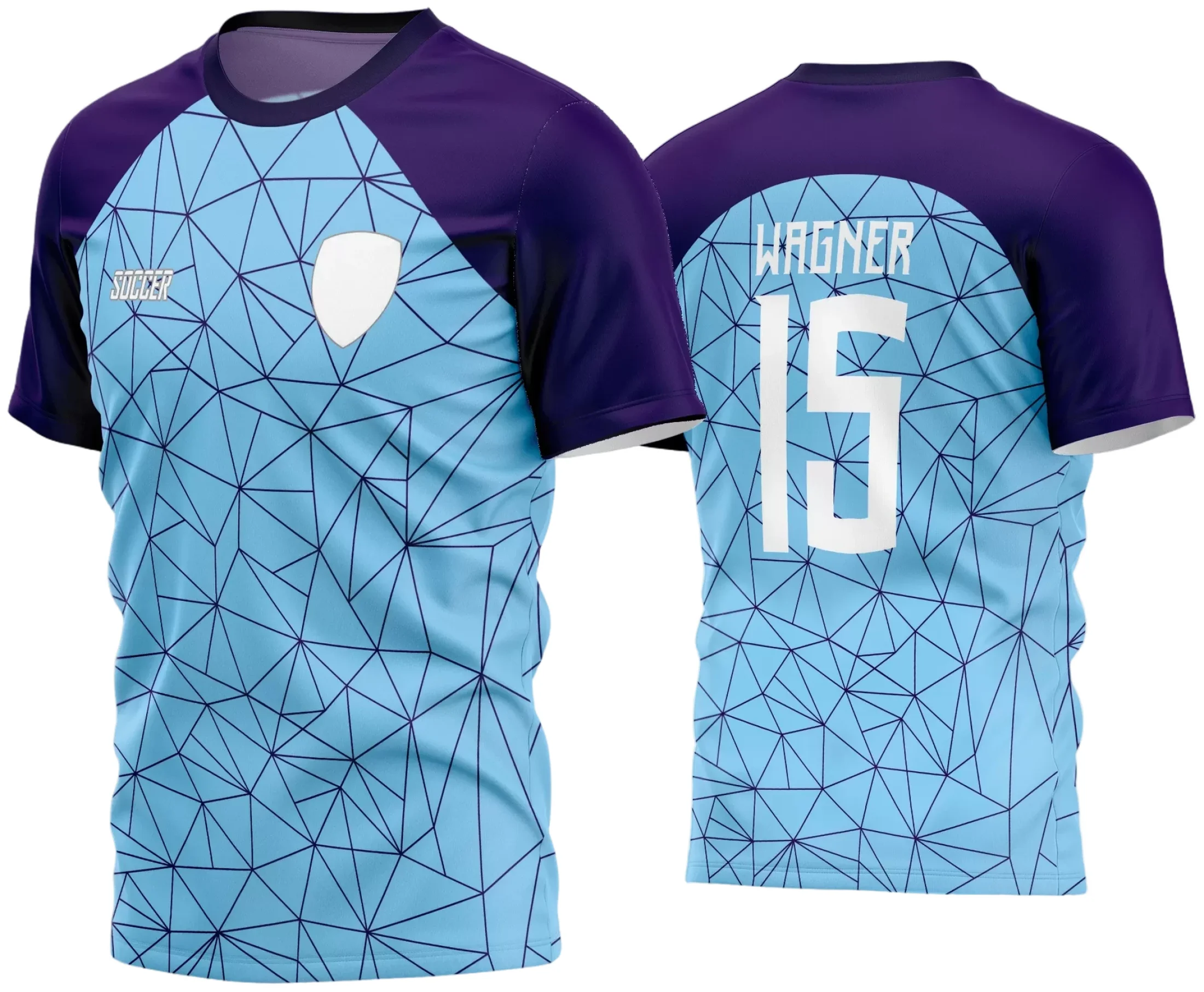 Camisa de futebol amador com logo no peito e estampa grande nas costas em destaque, ideal para times que buscam estilo e identidade nas partidas de 2024.