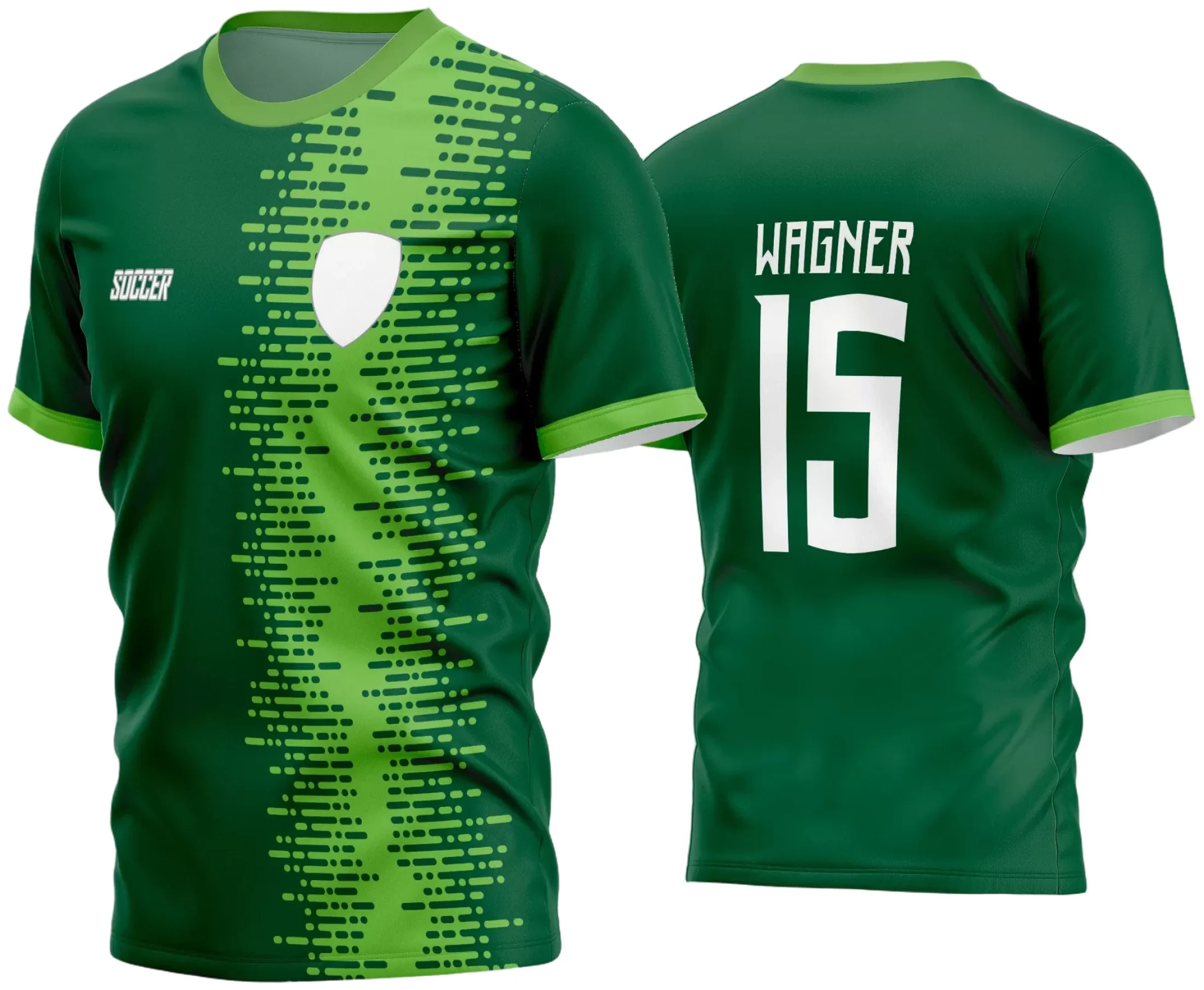 Foto da camisa de futebol amador com logo no peito e estampa grande nas costas, exibindo design moderno e cores vibrantes para a temporada 2024.