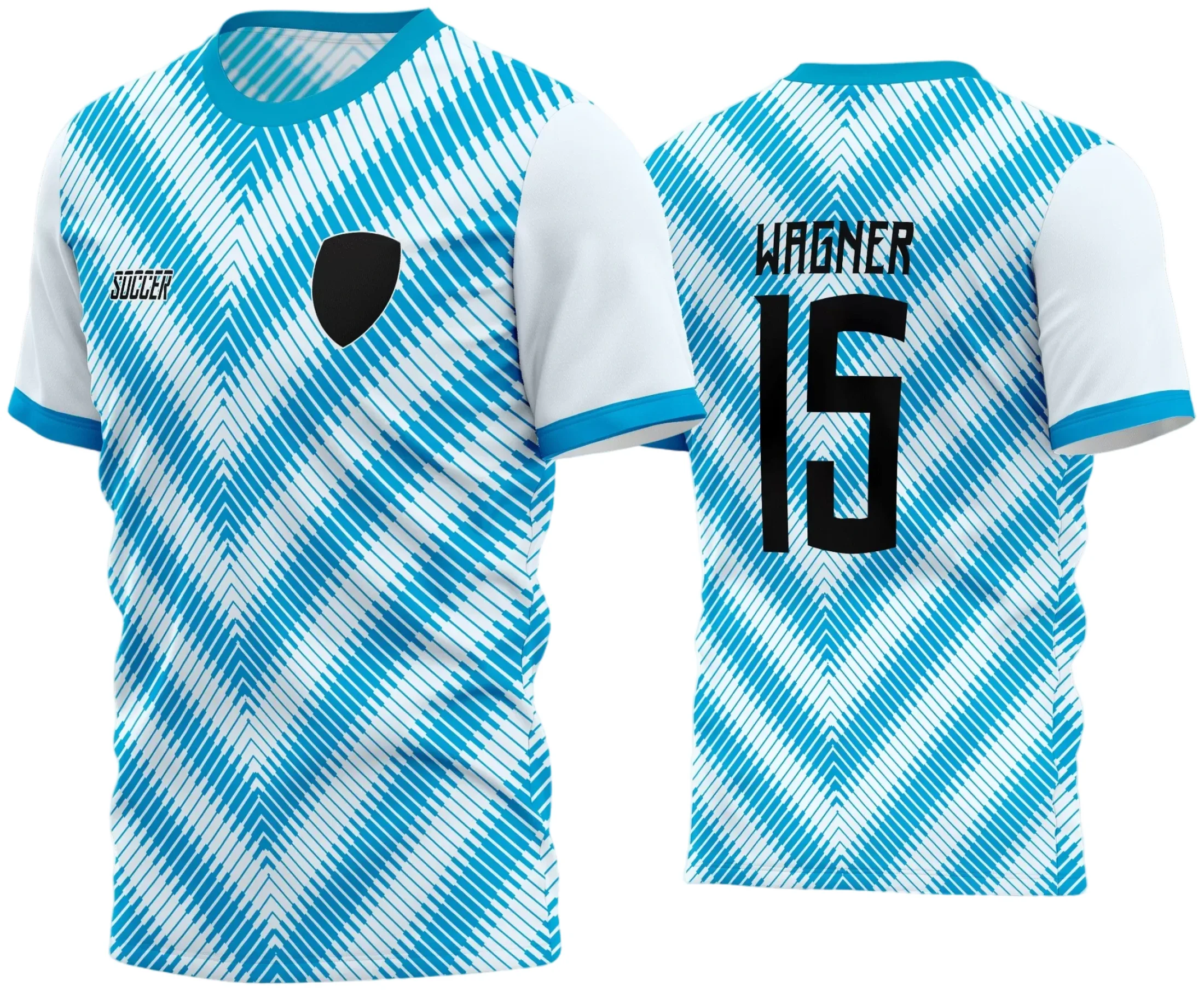 Camisa de futebol amador com logo no peito e estampa grande nas costas em design moderno e esportivo, perfeita para uniformizar times com estilo e identidade visual marcante.