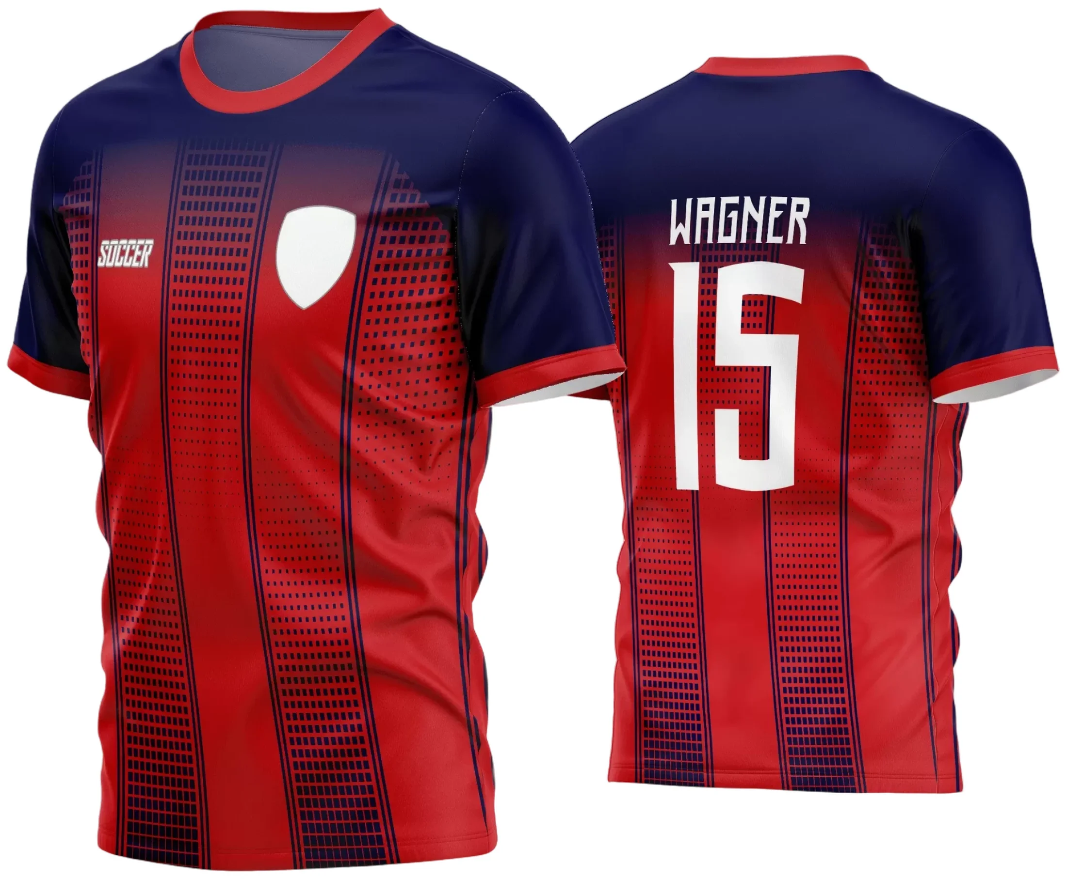 Camisa de futebol amador com logo no peito bem visível e estampa grande nas costas destacando o design personalizado para times locais