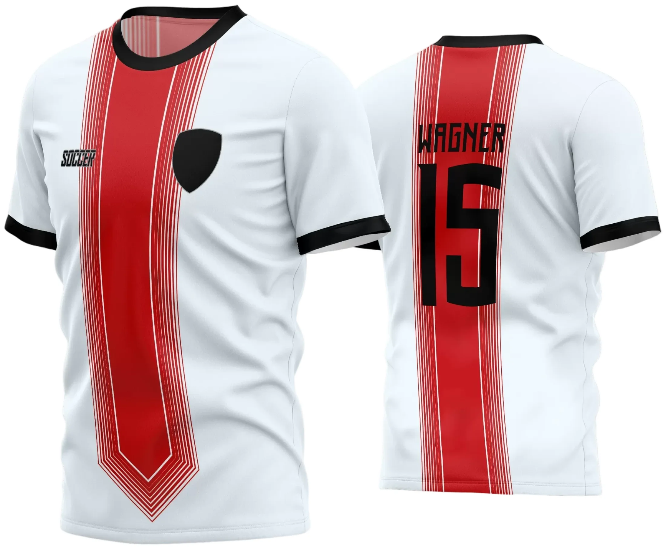 Camisa de futebol com logo no peito em destaque e estampa grande nas costas, perfeita para times amadores que buscam estilo e identidade visual única dentro de campo.