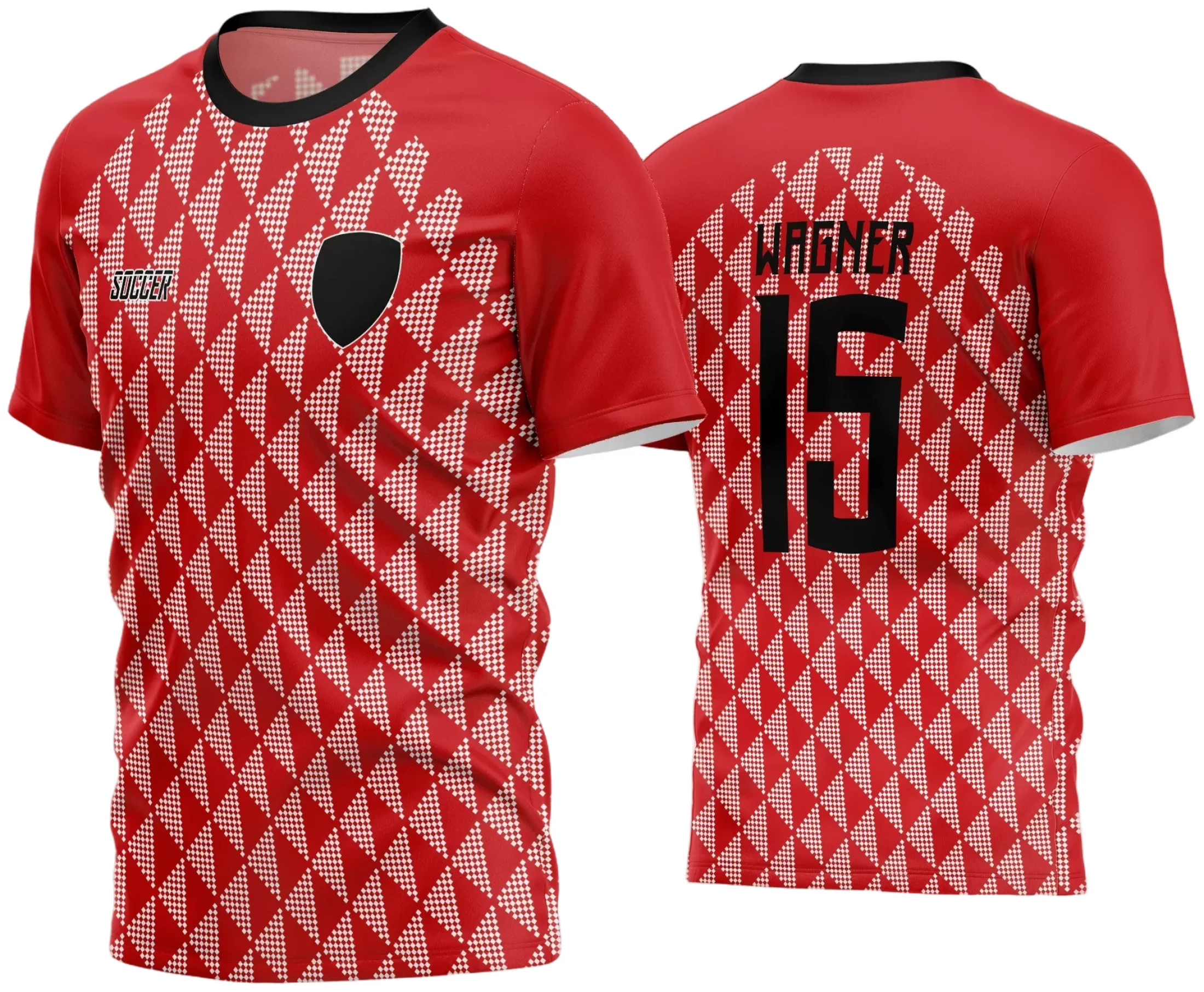 Camisa de futebol amador 2024 com logo no peito e estampa grande nas costas, em cores vibrantes e design moderno para times locais e eventos esportivos.