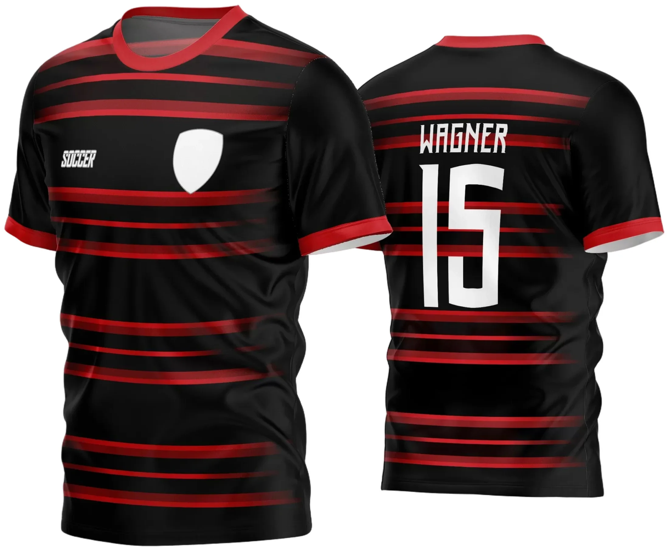 Camisa de futebol amador com logo no peito e estampa grande nas costas, exibindo design moderno e cores vibrantes que destacam o time em campo com visual personalizado e impactante.