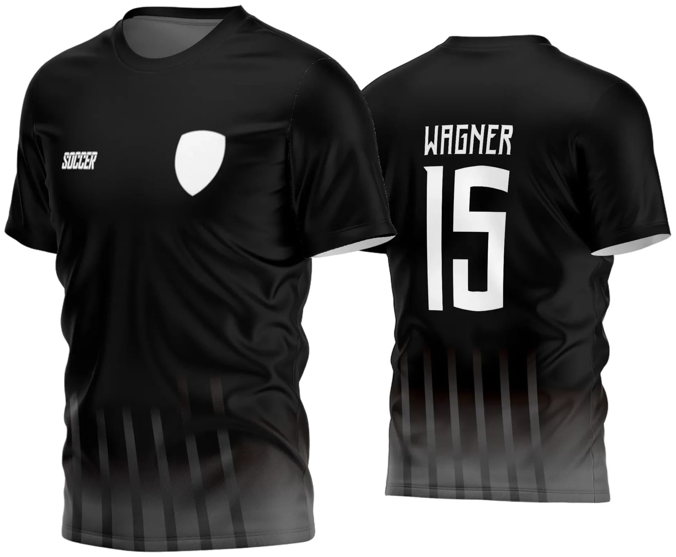 Camisa branca com detalhes modernos, logo no peito destacado e estampa grande nas costas com design clássico para time amador de futebol, ideal para jogos e eventos comunitários.