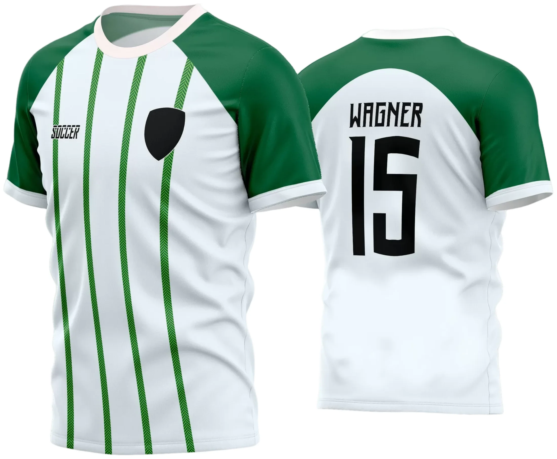 Camisa final do time amador de futebol com logo no peito e estampa grande nas costas, apresentando design moderno e colorido ideal para partidas e treinamentos.