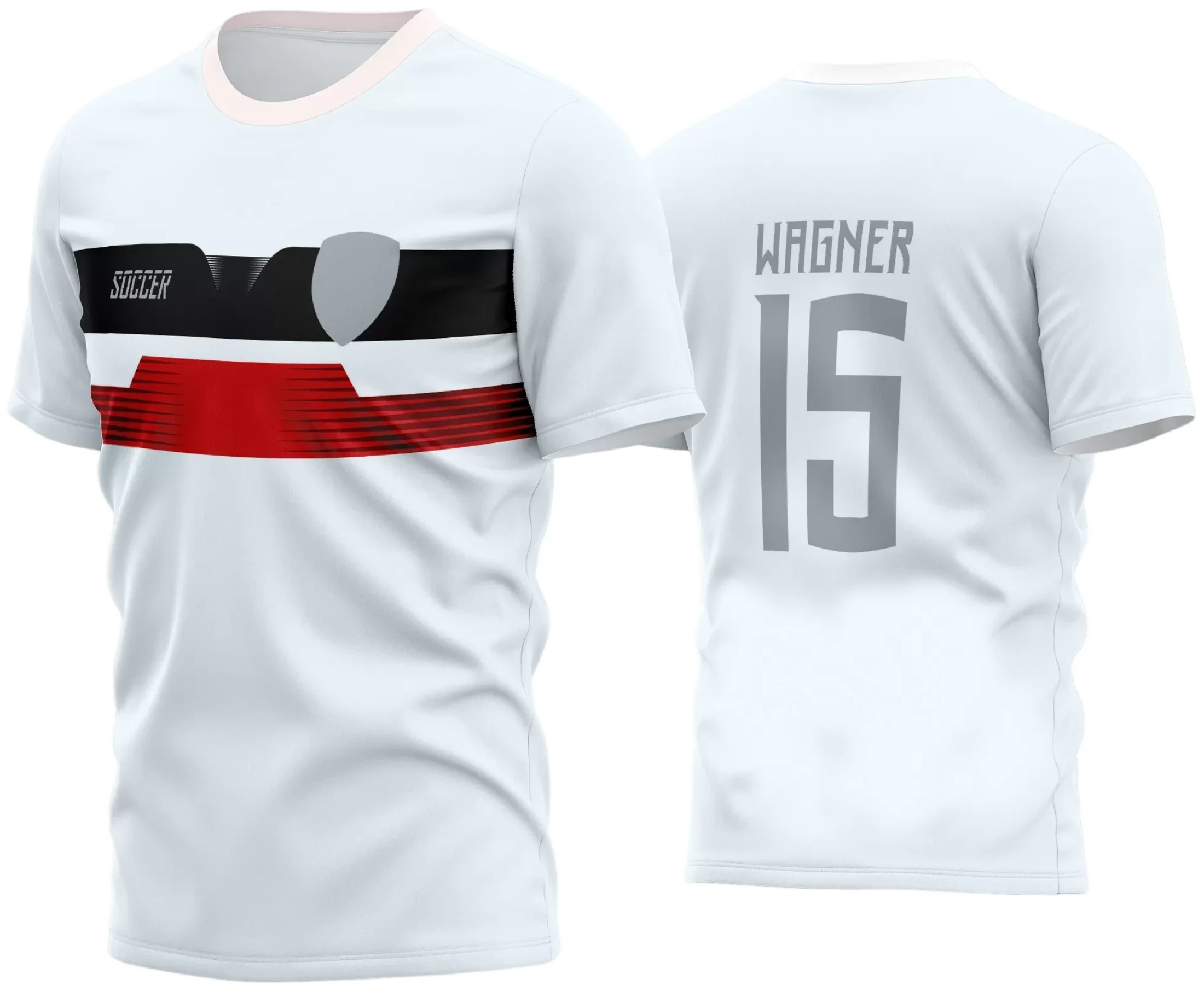 Camisa de futebol amador com logo no peito e estampa grande nas costas, destacando um design moderno e arrojado para times que querem se destacar em campo com estilo e personalidade.