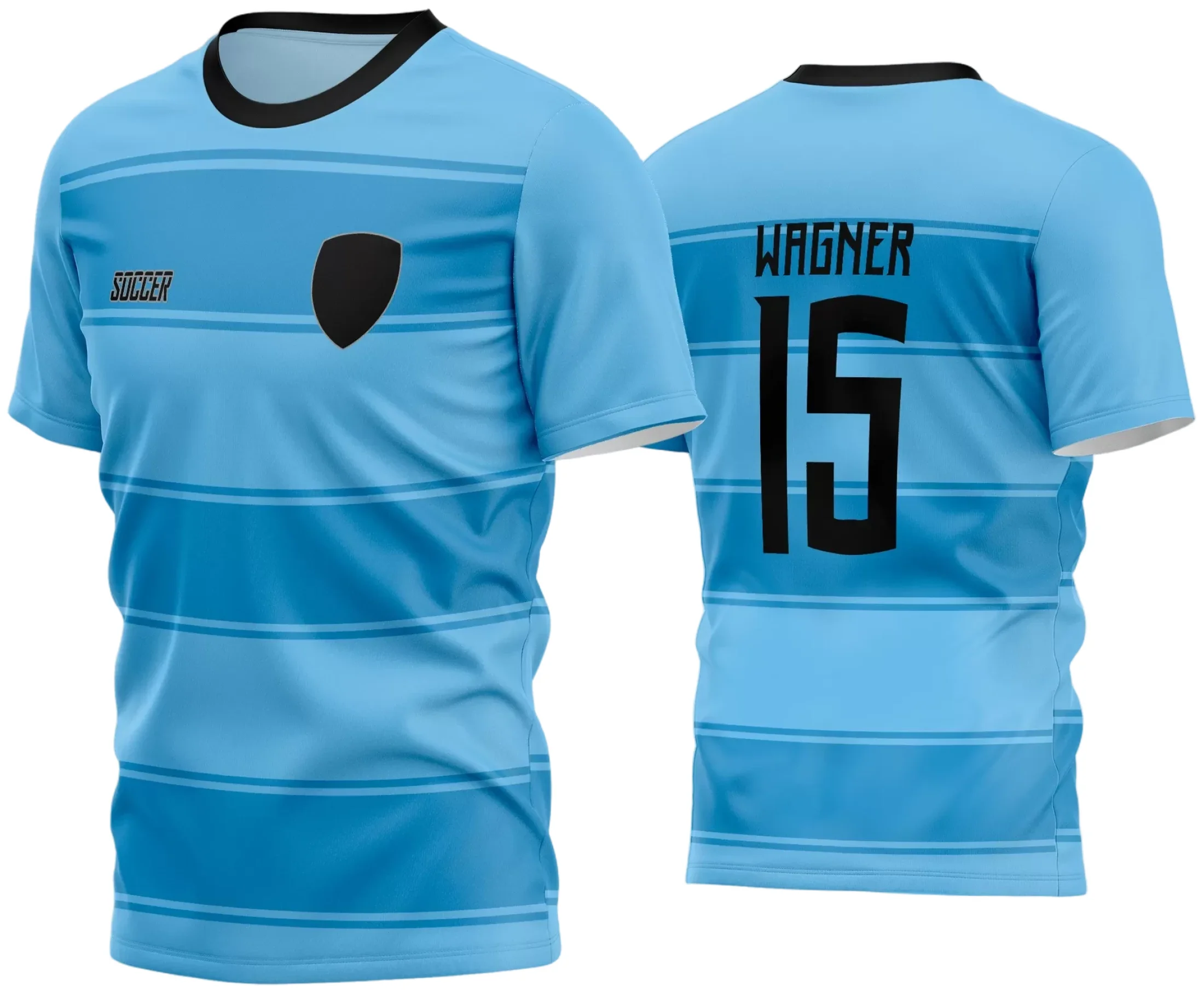 Camisa de futebol amador com logo no peito e estampa grande nas costas, apresentando um design moderno e vibrante ideal para times que buscam identidade única e destaque em campo.