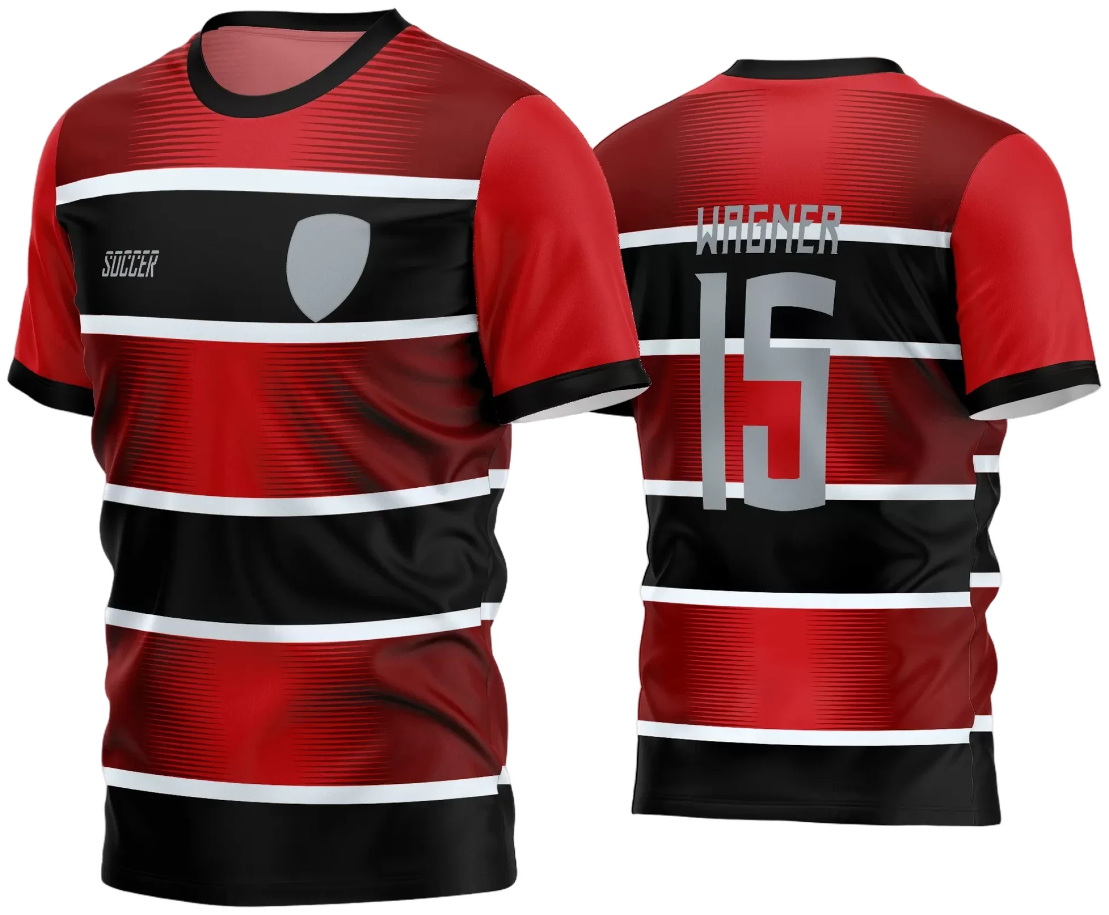 Camisa de futebol amador com logo no peito e estampa grande nas costas, apresentando design moderno e cores vibrantes que destacam o espírito de equipe e a paixão pelo esporte.