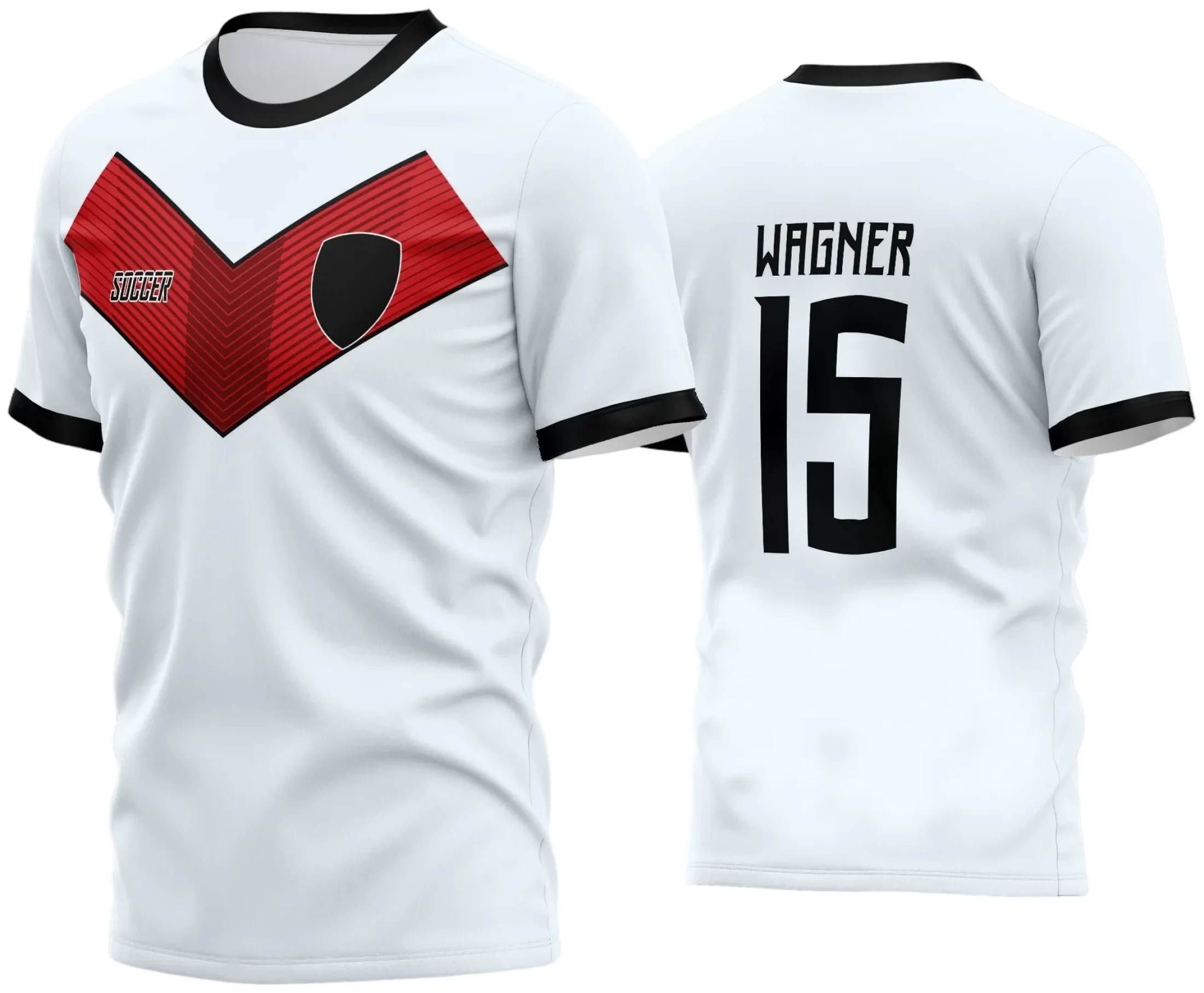 Camisa de futebol amador com logo no peito e estampa grande nas costas com detalhes modernos em cores vibrantes, perfeita para times que buscam estilo e identidade em campo.