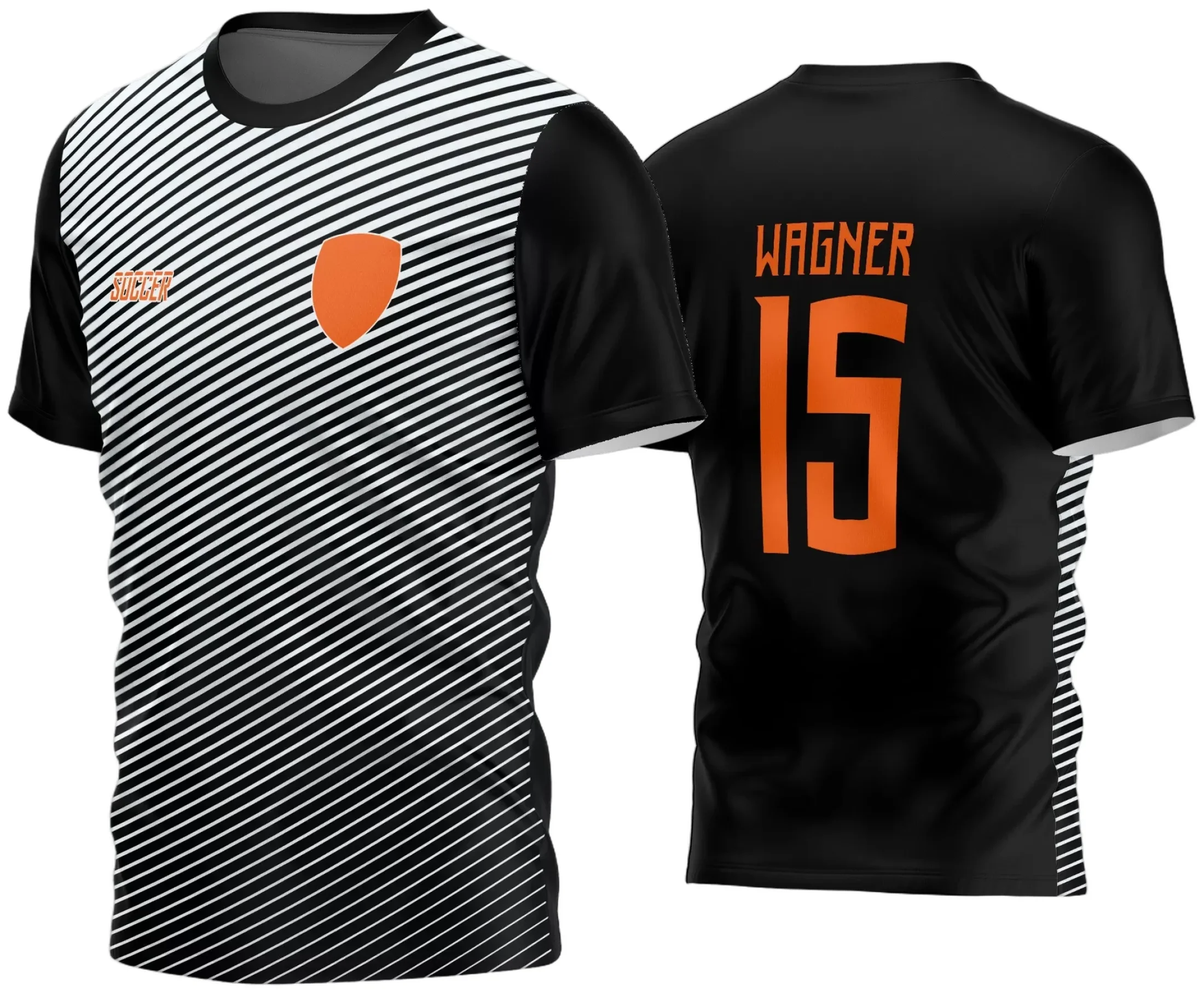 Camisa de futebol amador com logo no peito e estampa grande nas costas, em estilo moderno e cores vibrantes para equipes 2024.