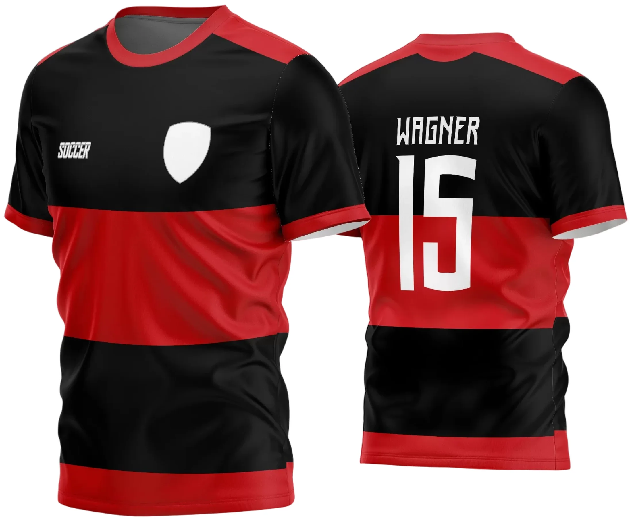 Camisa de futebol com logo no peito e estampa grande nas costas, design moderno e vibrante para times amadores empenhados nas competições de 2024.